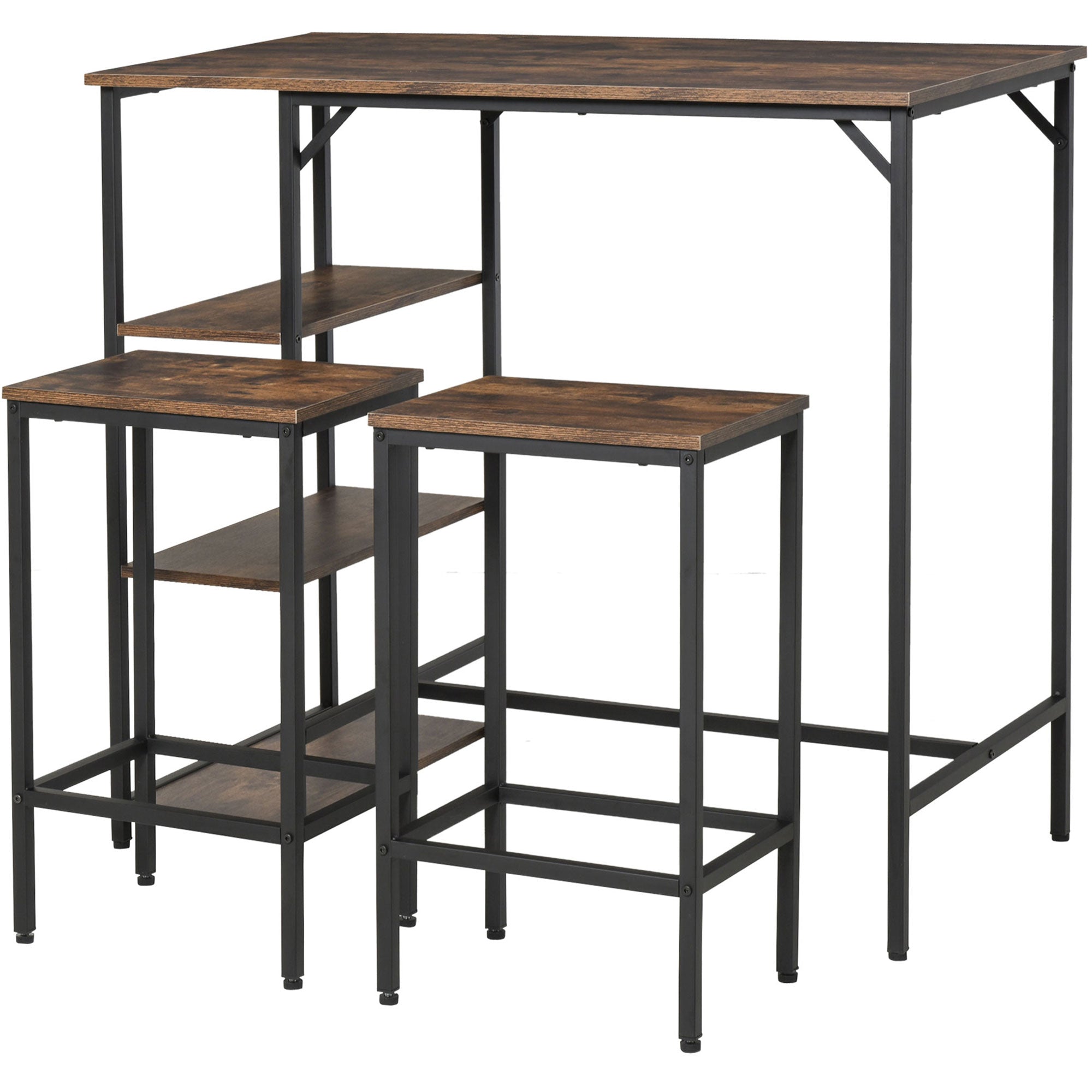 HOMCOM Industrial Dining Table Set for 2, Bar Table and Stools Set, Counter Height Kitchen Table with Chairs with Storage Shelf, Rustic Brown