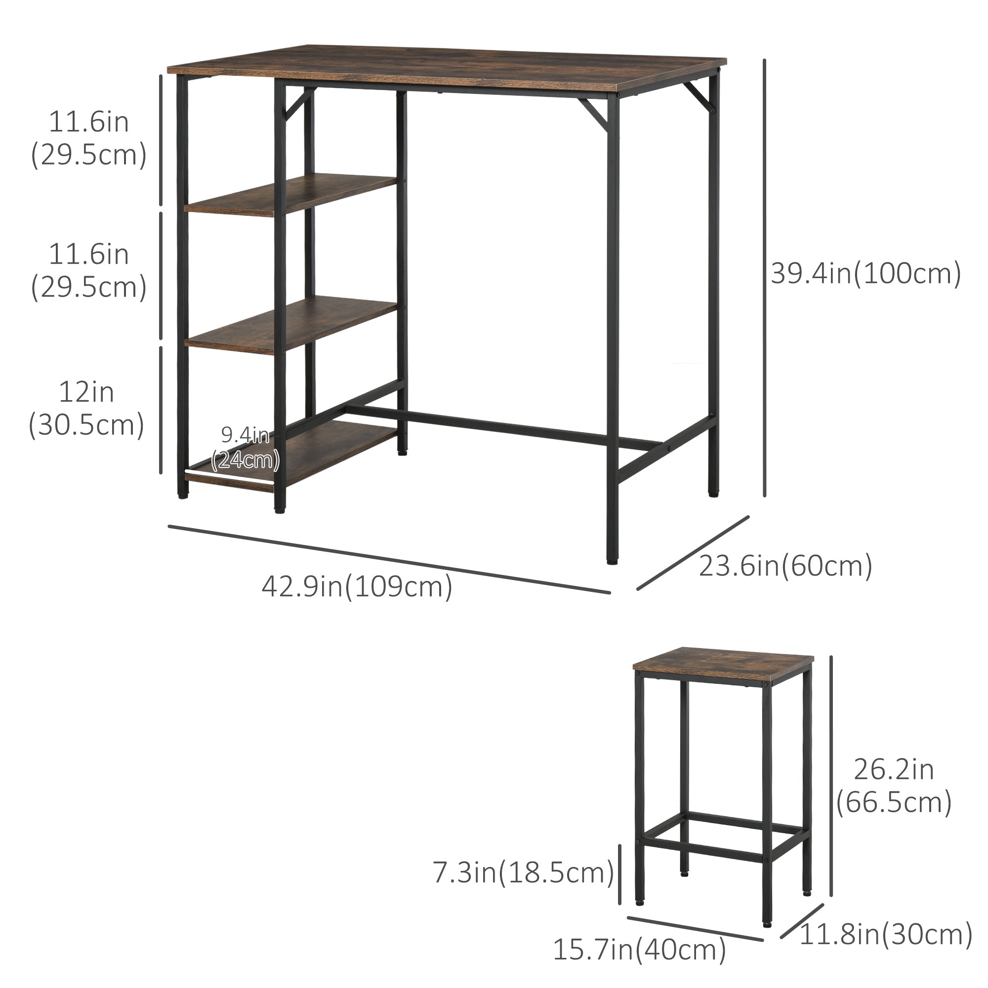 HOMCOM Industrial Dining Table Set for 2, Bar Table and Stools Set, Counter Height Kitchen Table with Chairs with Storage Shelf, Rustic Brown