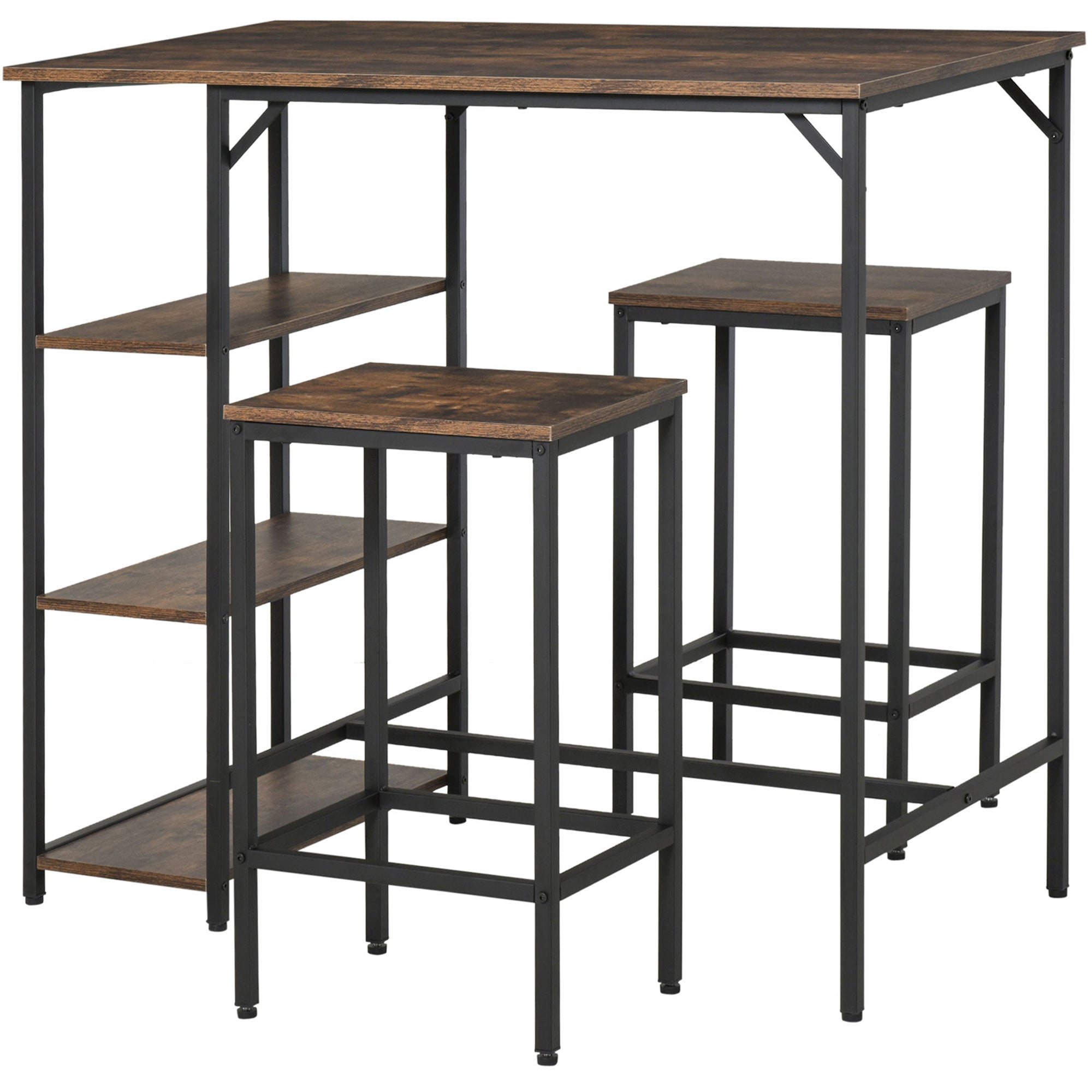 HOMCOM Industrial Dining Table Set for 2, Bar Table and Stools Set, Counter Height Kitchen Table with Chairs with Storage Shelf, Rustic Brown