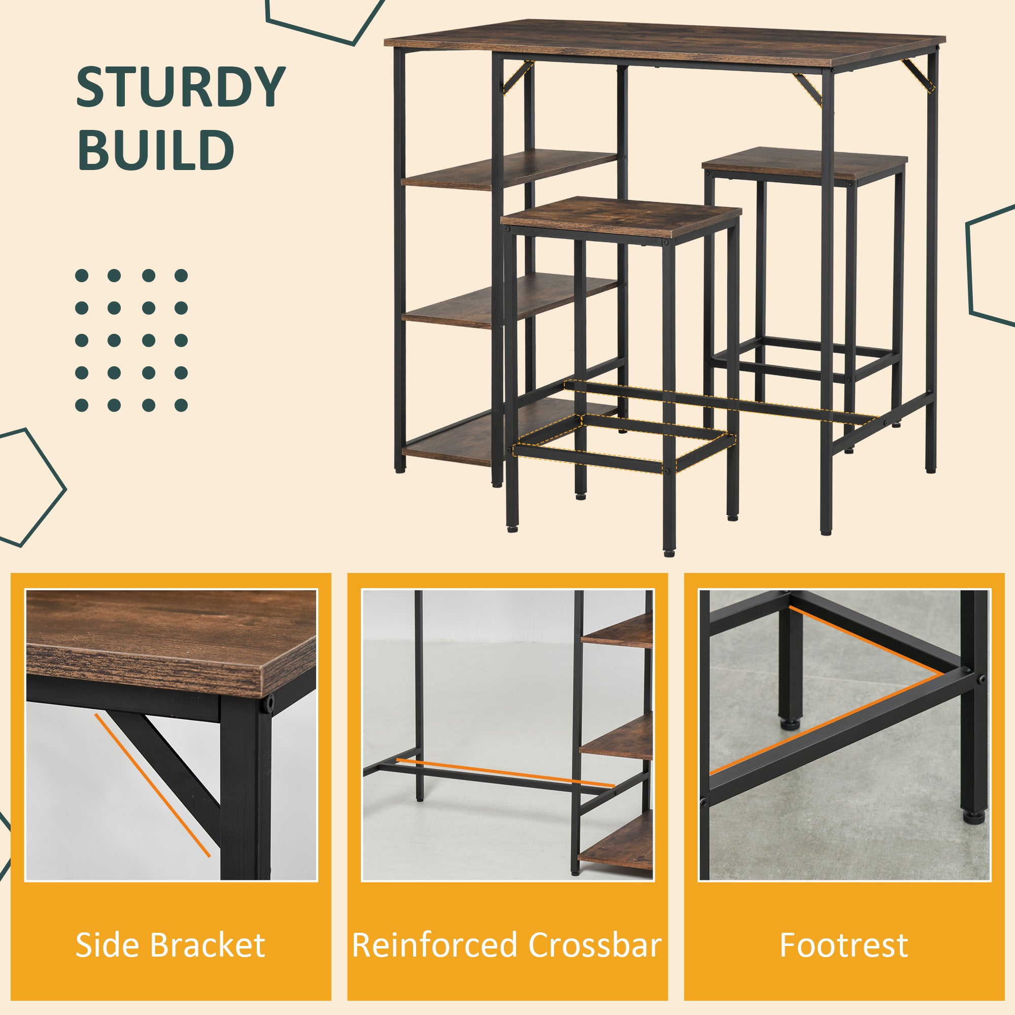 HOMCOM Industrial Dining Table Set for 2, Bar Table and Stools Set, Counter Height Kitchen Table with Chairs with Storage Shelf, Rustic Brown