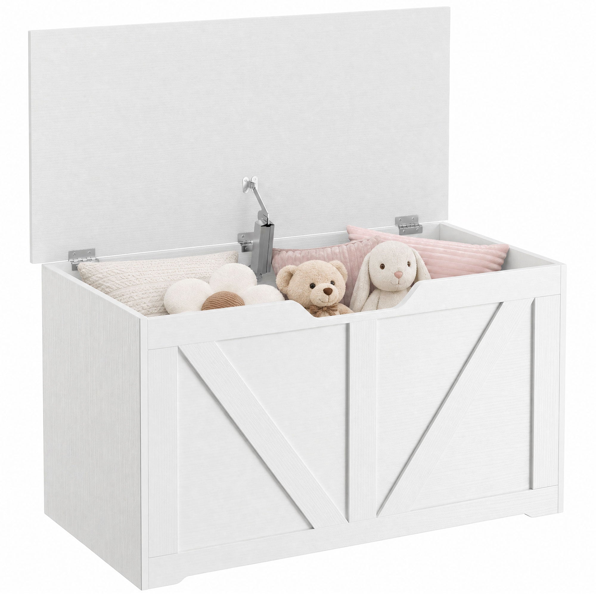100L Storage Chest, Shoe Storage Trunk Bench Box with Safety Hinge and U-shaped Cut-out Pull, Blanket Box Ottoman for Bedroom, Living Room, Entryway, 80 x 40 x 45 cm, White Wood-Effect