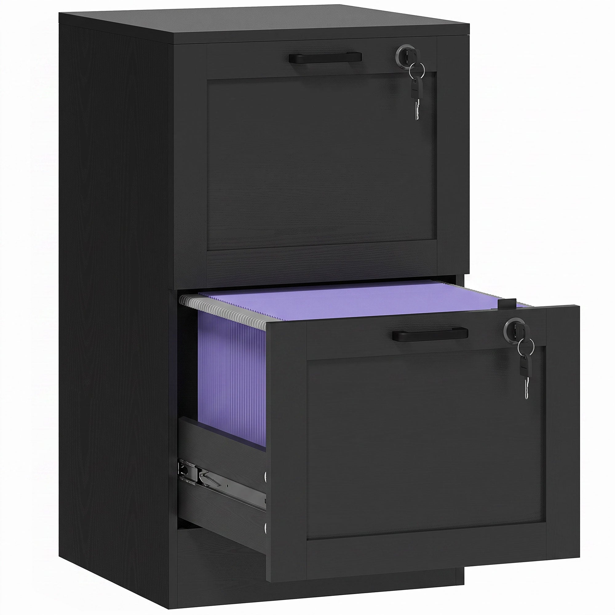 2 Drawer File Cabinet with Lock, Vertical Filing Cabinet with Adjustable Hanging Bars for A4 and Letter Size File Folders, Printer Stand with Storage, Black Wood Effect