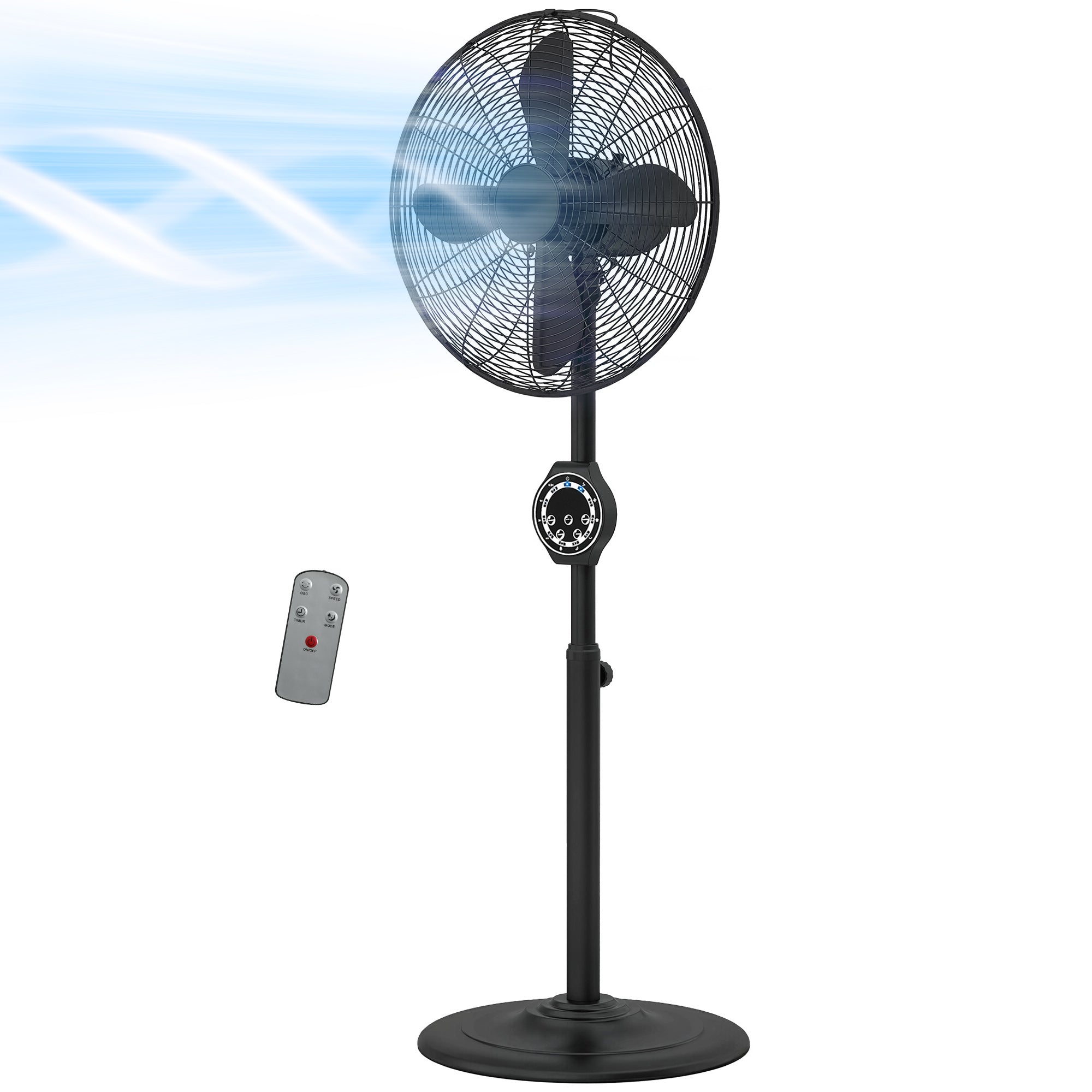 41 cm Metal Pedestal Fan, Electric Standing Floor Fan, Oscillating, Adjustable Height, 3 Speed, 7.5H Timer, Remote Control, Sleep Mode, for Home Office Bedroom, Black