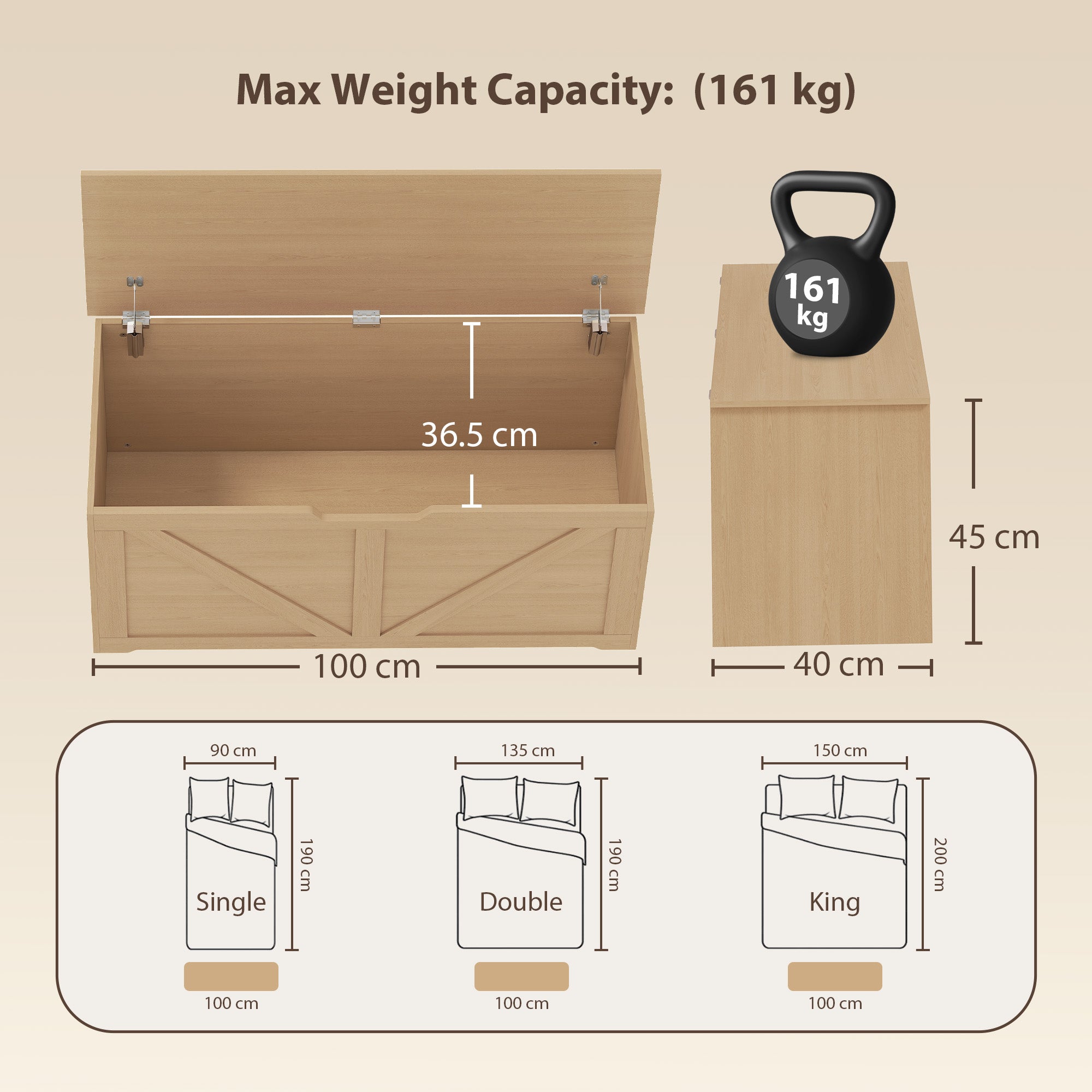 127L Storage Chest, Shoe Storage Trunk Bench Box with 2 Safety Hinges and U-shaped Cut-out Pull, Blanket Box Ottoman for Bedroom, Living Room, Entryway, 100 x 40 x 45 cm, Nature Wood Finish