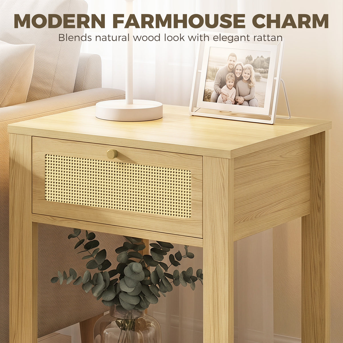 Nightstand Set of 2, Bedside Table Set with Drawer and Open Storage Shelf, Side End Table with Storage for Bedroom, Living Room, Natural Wood