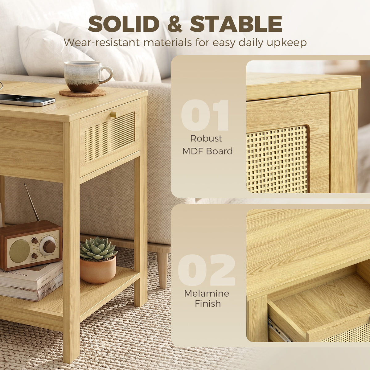 Nightstand Set of 2, Bedside Table Set with Drawer and Open Storage Shelf, Side End Table with Storage for Bedroom, Living Room, Natural Wood