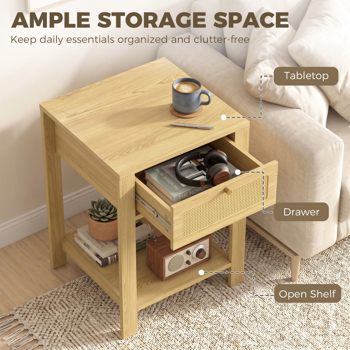 Nightstand Set of 2, Bedside Table Set with Drawer and Open Storage Shelf, Side End Table with Storage for Bedroom, Living Room, Natural Wood