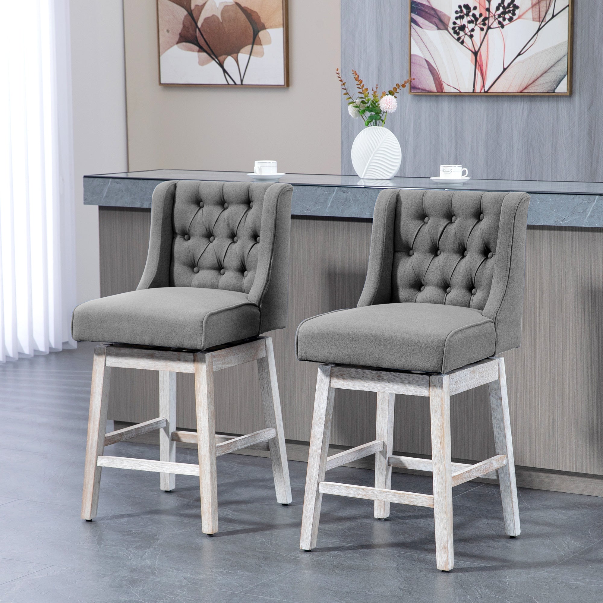 Set of 2 Bar Height Stools, 28" w/ Swivel & Wooden Legs for Kitchen, Gray