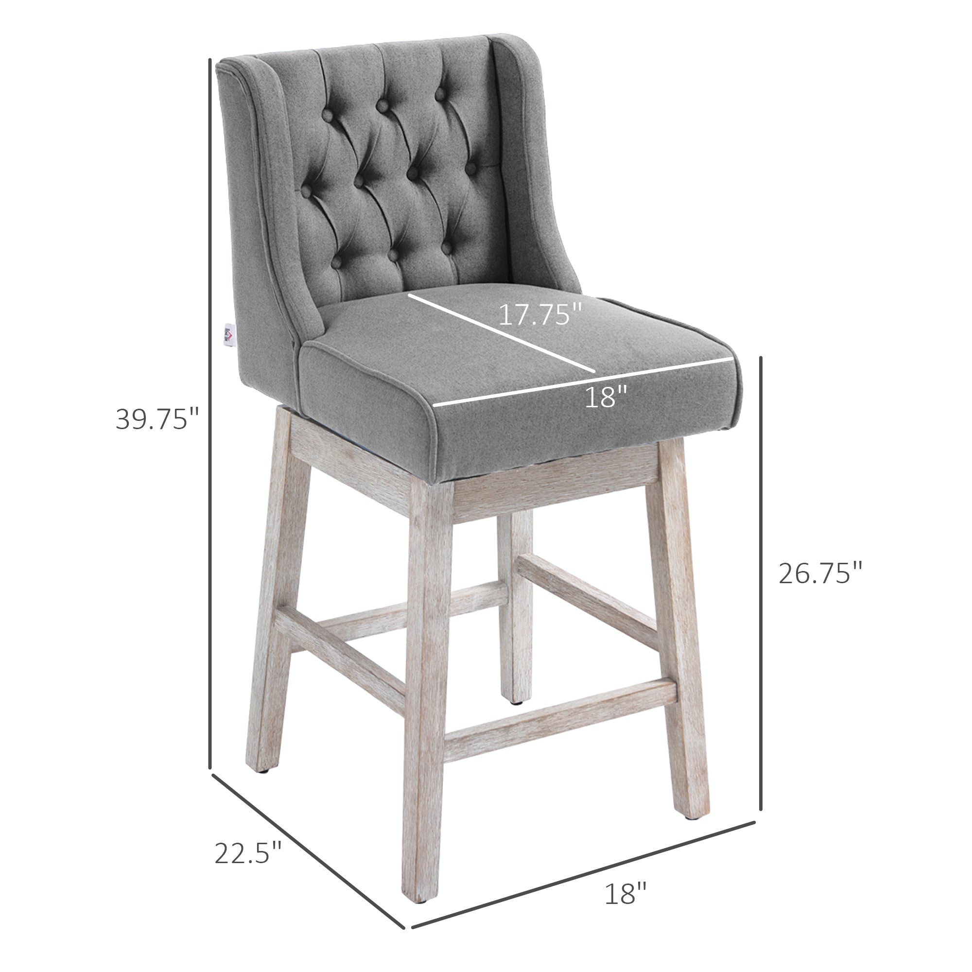 Set of 2 Bar Height Stools, 28" w/ Swivel & Wooden Legs for Kitchen, Gray