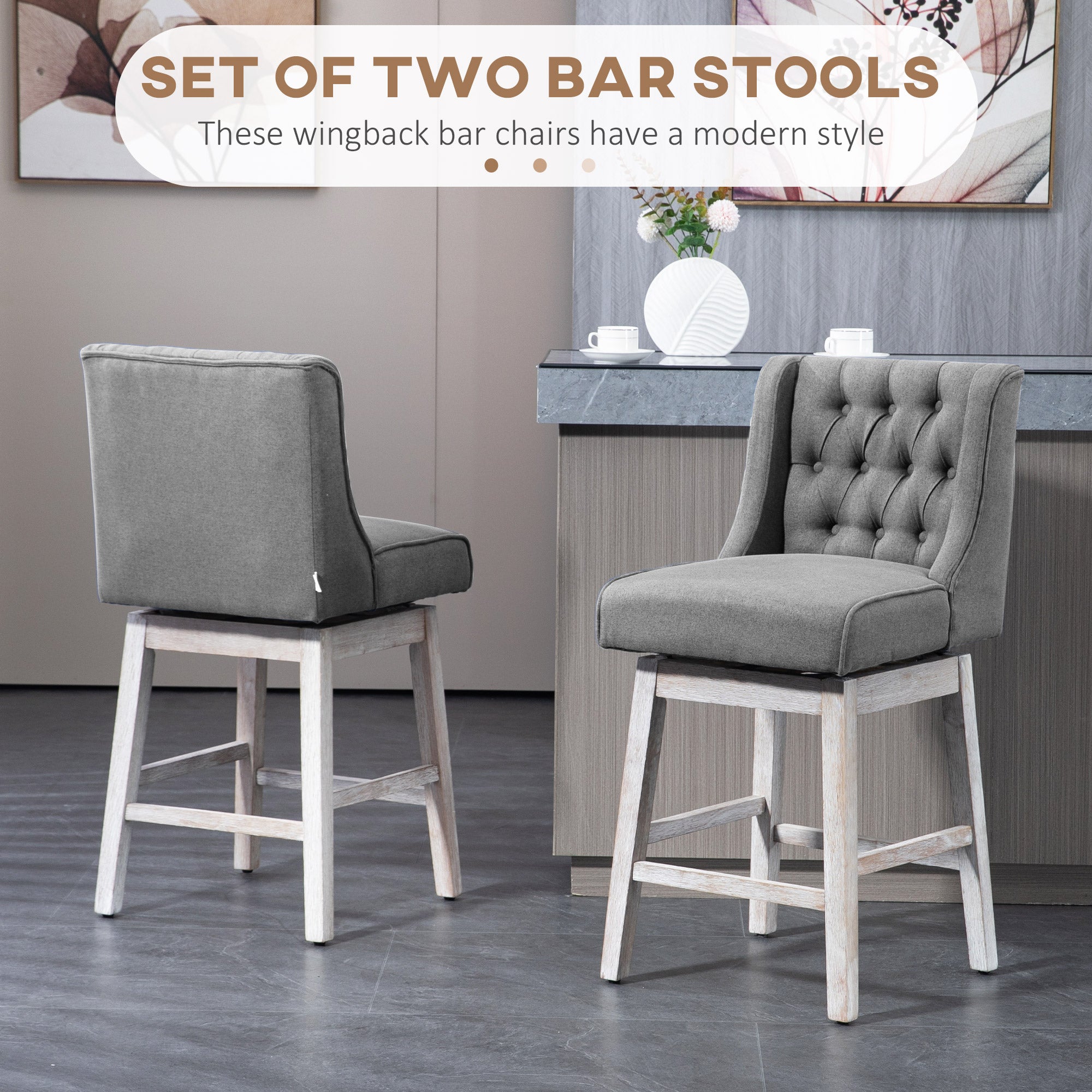 Set of 2 Bar Height Stools, 28" w/ Swivel & Wooden Legs for Kitchen, Gray