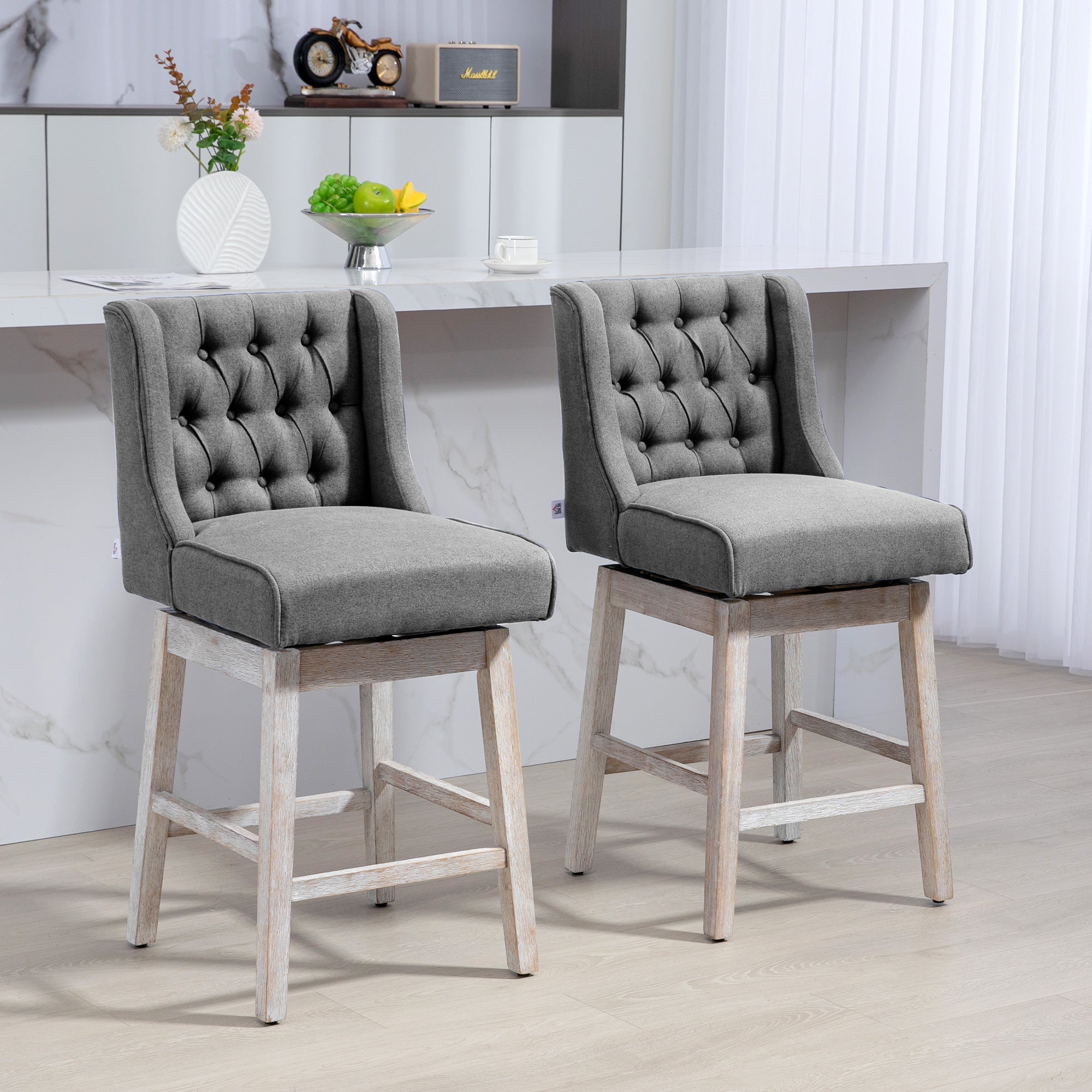 Set of 2 Bar Height Stools, 28" w/ Swivel & Wooden Legs for Kitchen, Gray