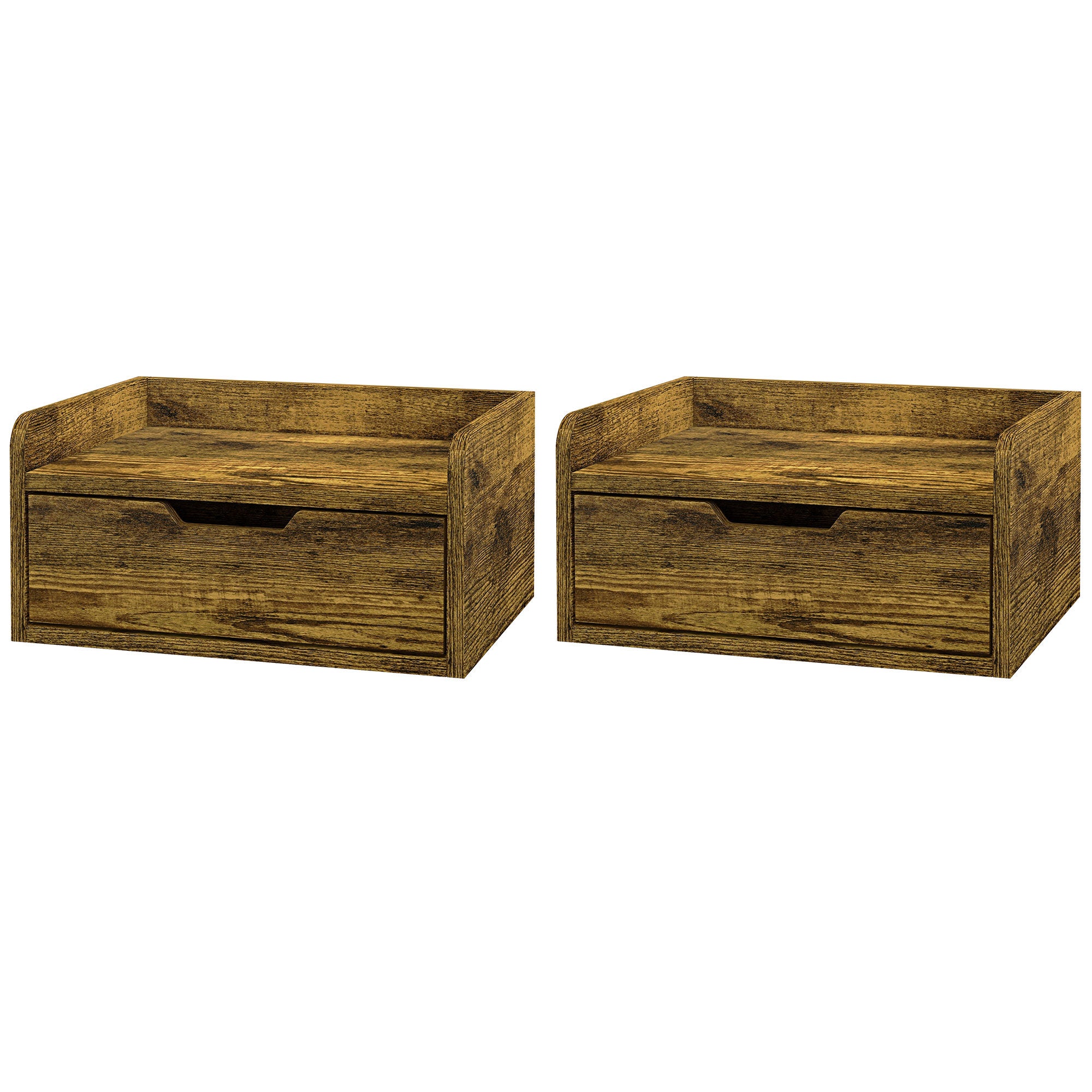HOMCOM Floating Nightstand Set of 2 Wall Mounted Bedside Table with Storage Drawer for Bedroom, Rustic Brown