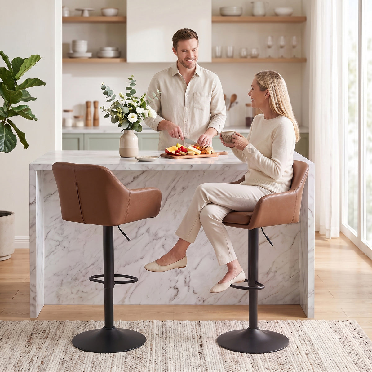 Adjustable Bar Stools Set of 2, Modern Swivel Counter Height Barstools with Back, Footrest, PU Leather Upholstered Bar Chairs for Kitchen Island Counter Dining Room, Brown