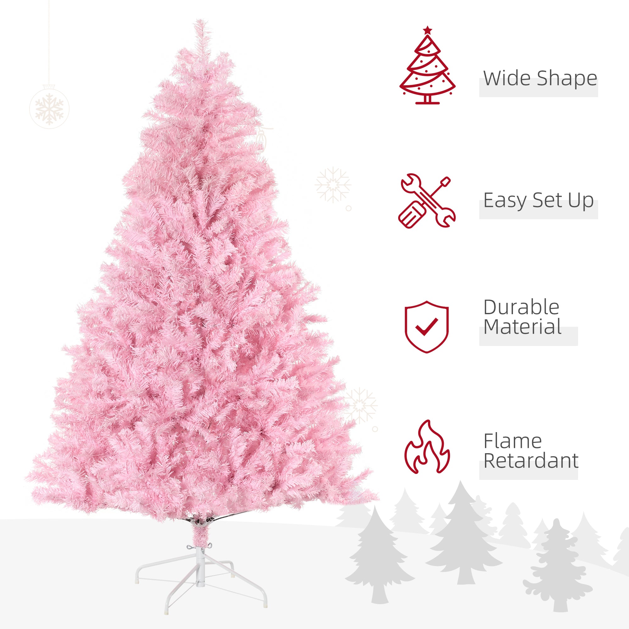 6' Artificial Pink Christmas Trees, with Auto Open, Steel Base, Wide Shape for Indoor Xmas Decoration