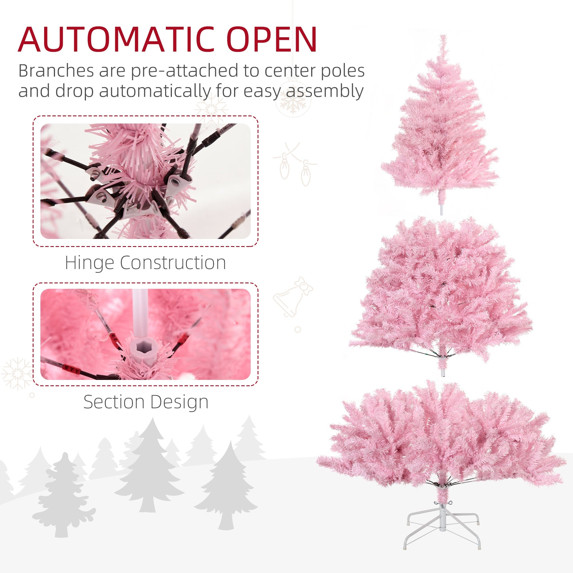 6' Artificial Pink Christmas Trees, with Auto Open, Steel Base, Wide Shape for Indoor Xmas Decoration