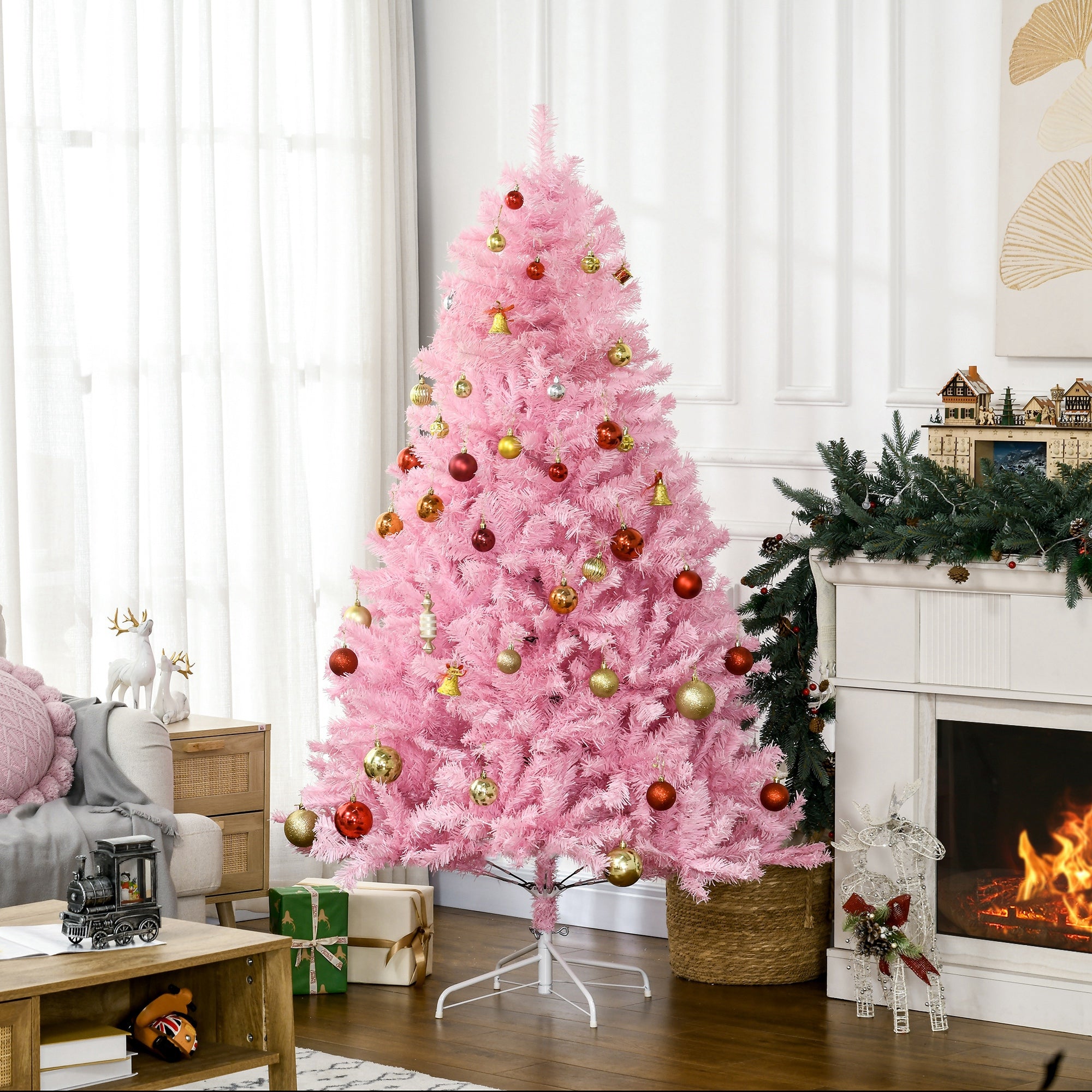 6' Artificial Pink Christmas Trees, with Auto Open, Steel Base, Wide Shape for Indoor Xmas Decoration