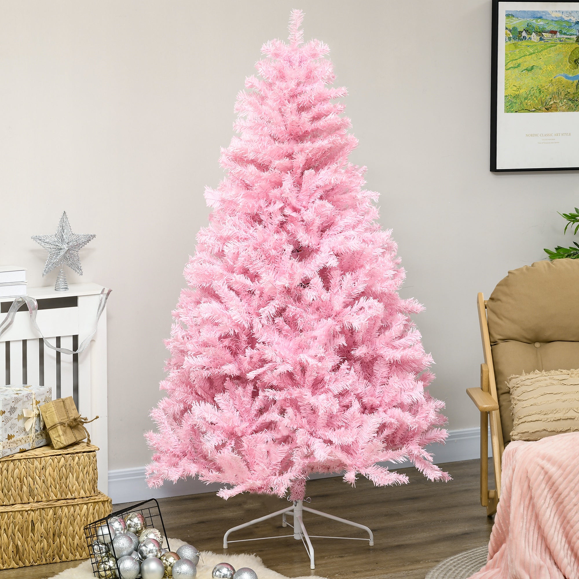 6' Artificial Pink Christmas Trees, with Auto Open, Steel Base, Wide Shape for Indoor Xmas Decoration