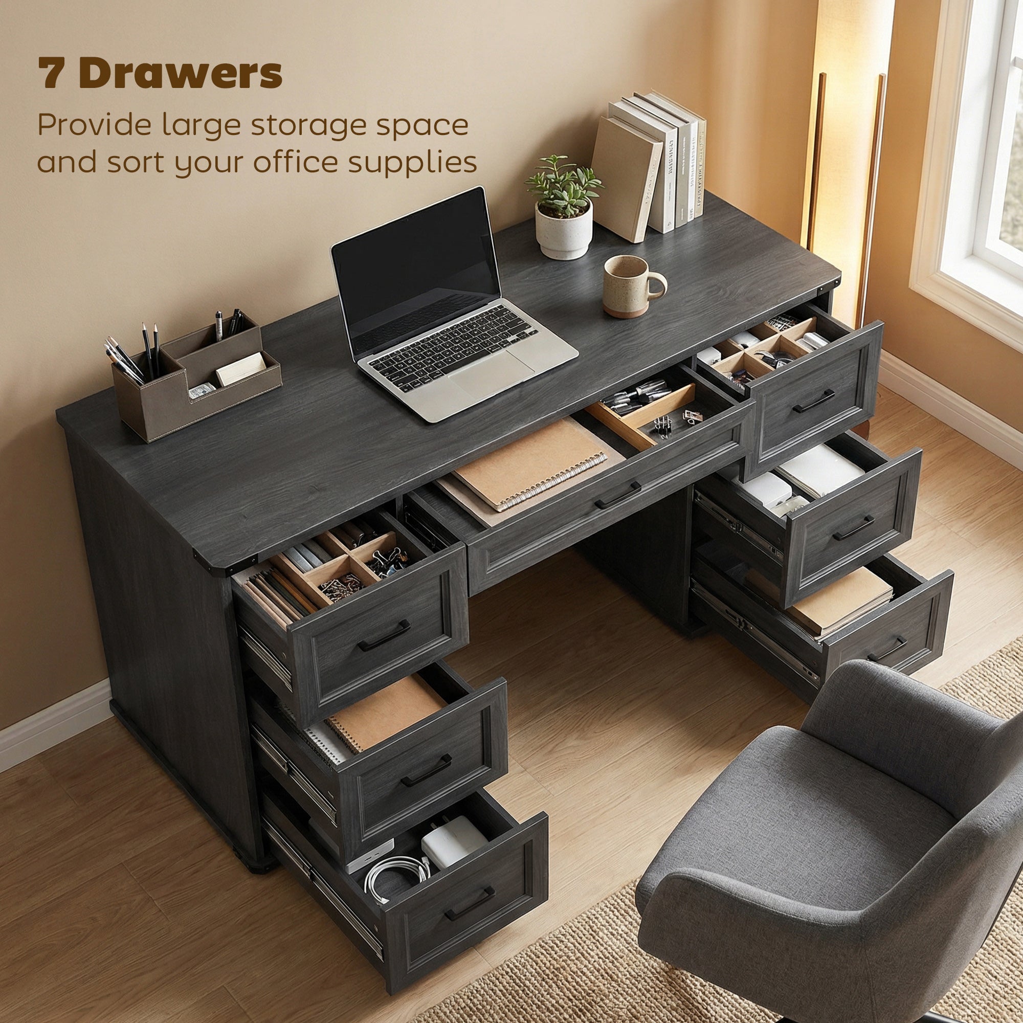55" Farmhouse Executive Desk, Computer Desk with Drawers, Study Table for Home Office, Bedroom, Black Wood Grain