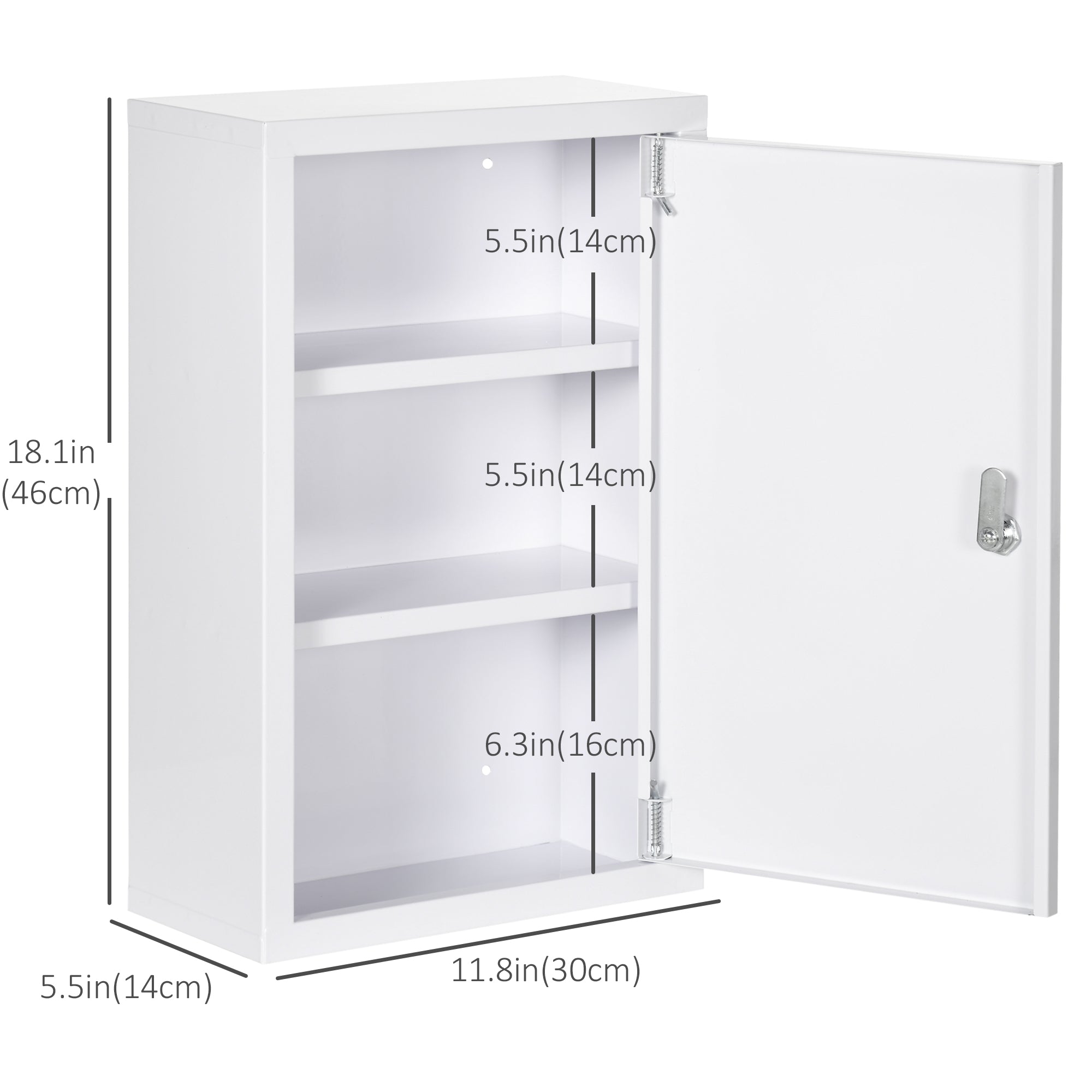 kleankin 12" x 18" Wall Medicine Cabinet with Lock, 3 Tier Steel Locking Wall Cabinet for Bathroom, Kitchen with 2 Keys, White