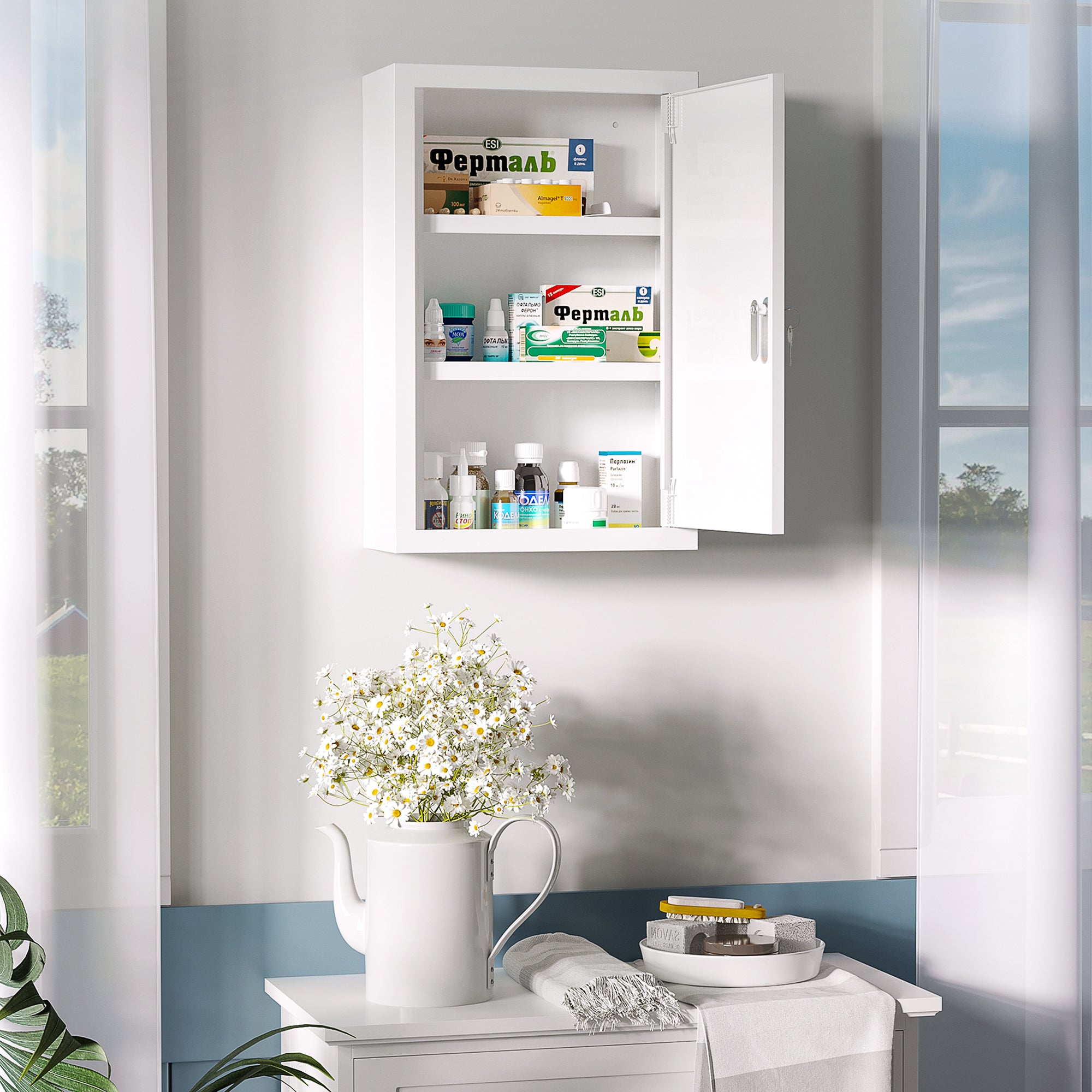 kleankin 12" x 18" Wall Medicine Cabinet with Lock, 3 Tier Steel Locking Wall Cabinet for Bathroom, Kitchen with 2 Keys, White