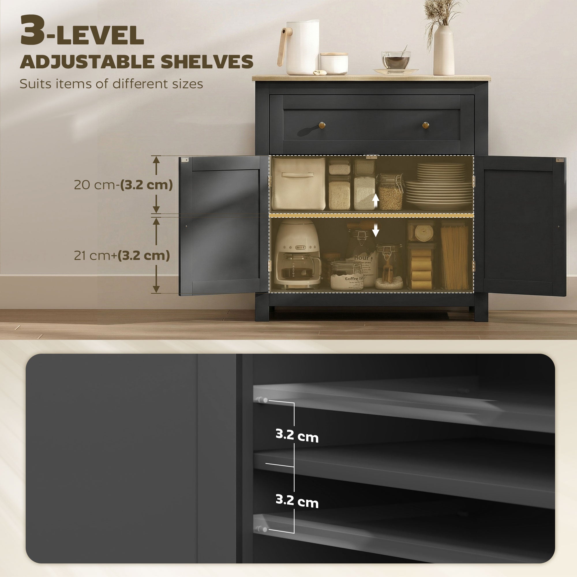 Sideboard Storage Cabinet, Modern Kitchen Cupboard with Adjustable Shelf, Drawer and Double Doors, Sideboard for Living Room, Dining Room, Hallway, Black