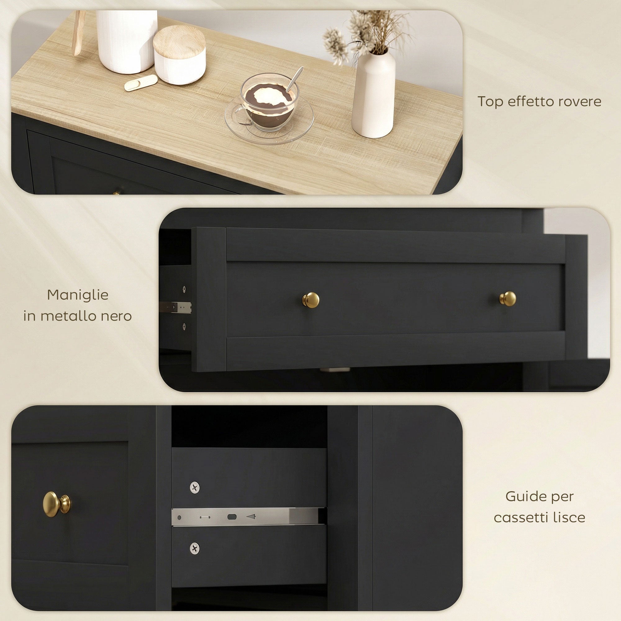 Sideboard Storage Cabinet, Modern Kitchen Cupboard with Adjustable Shelf, Drawer and Double Doors, Sideboard for Living Room, Dining Room, Hallway, Black