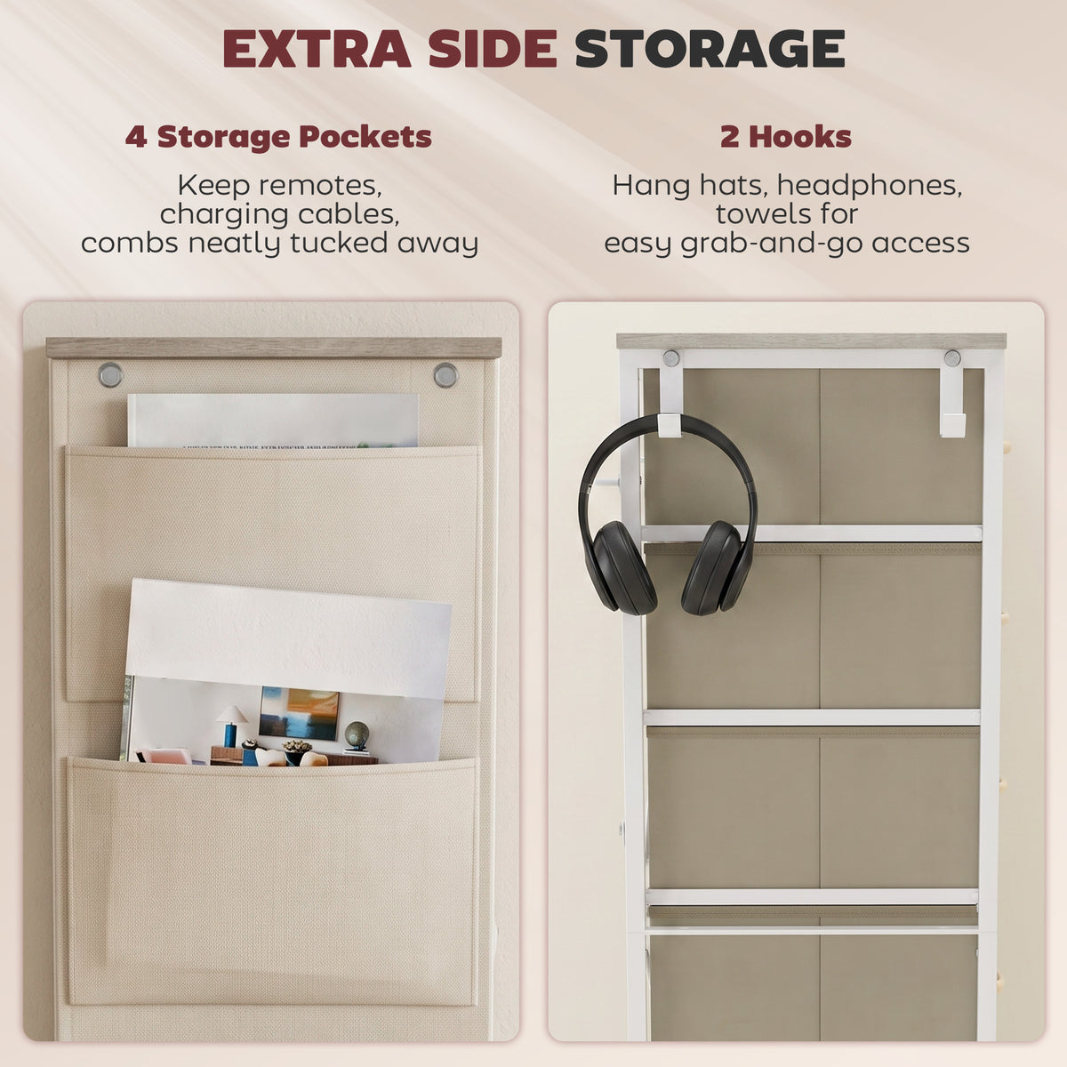 Chest of Drawers, Dresser for Bedroom with 5 Fabric Drawers, Tall Storage Unit with 4 Pockets, 2 Hooks and Steel Frame for Living Room, Hallway, Natural Wood Finish