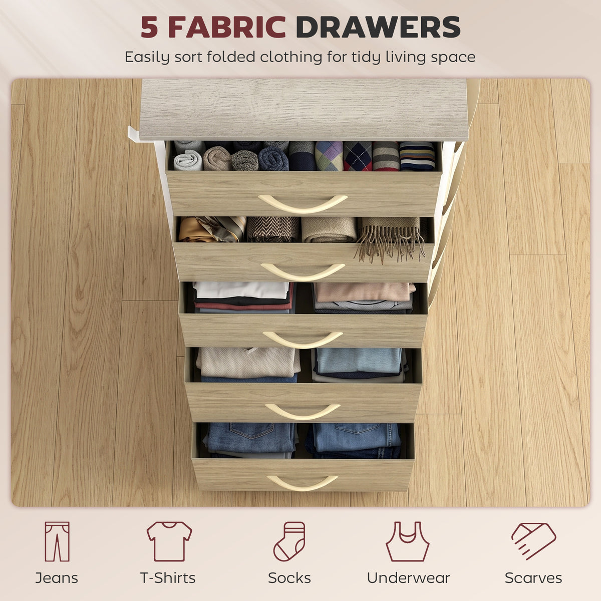 Chest of Drawers, Dresser for Bedroom with 5 Fabric Drawers, Tall Storage Unit with 4 Pockets, 2 Hooks and Steel Frame for Living Room, Hallway, Natural Wood Finish