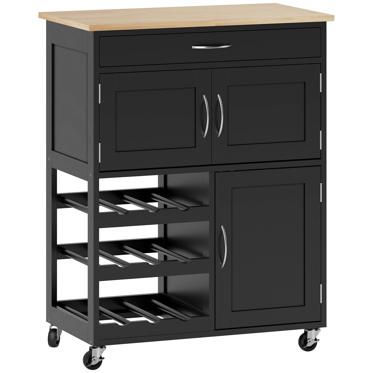 Modern Kitchen Trolley, Rolling Island Storage Cart with Drawer, 9-bottle Wine Rack, Door Cabinets, Wooden Countertop, Black