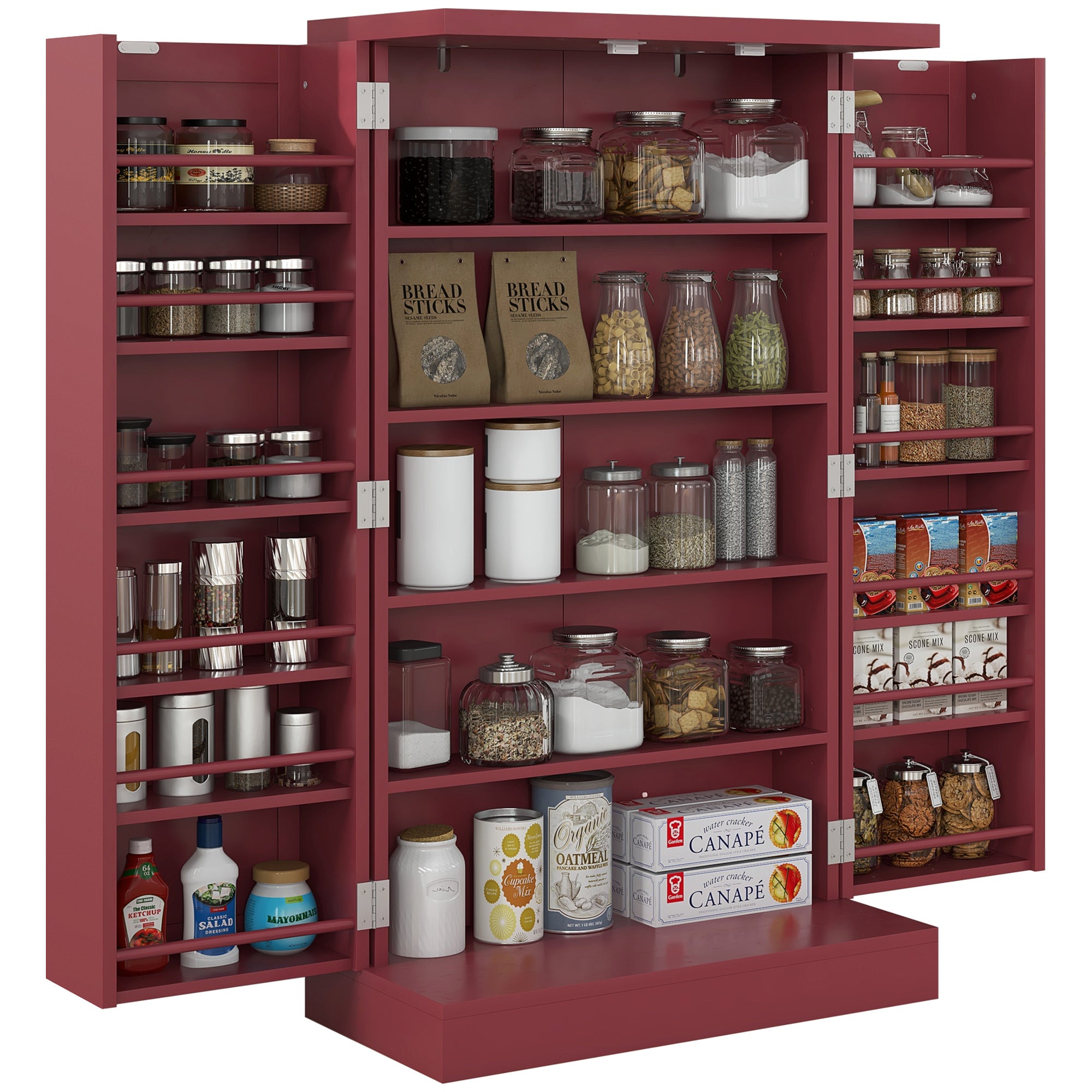 Freestanding Kitchen Pantry, Kitchen Storage Cabinet with 5-Tier Shelf, 12 Spice Racks, Adjustable Shelves, Red