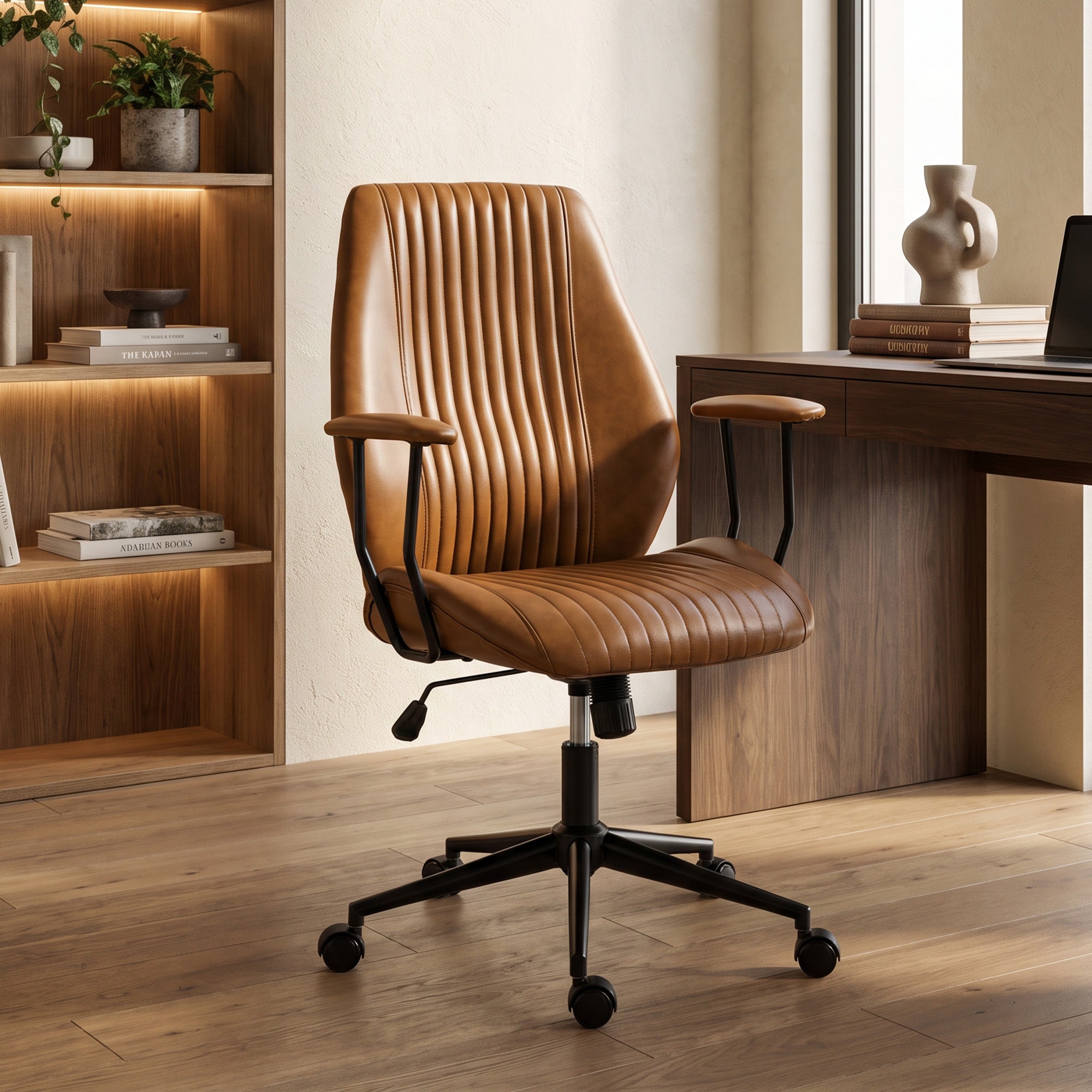 Home Office Desk Chair, PU Leather Computer Chair with Padded Arms, Mid Back, 360° Swivel, Adjustable Height, Tilt Function, Rolling Wheels, Vintage Style for Task, Study, Work, Brown
