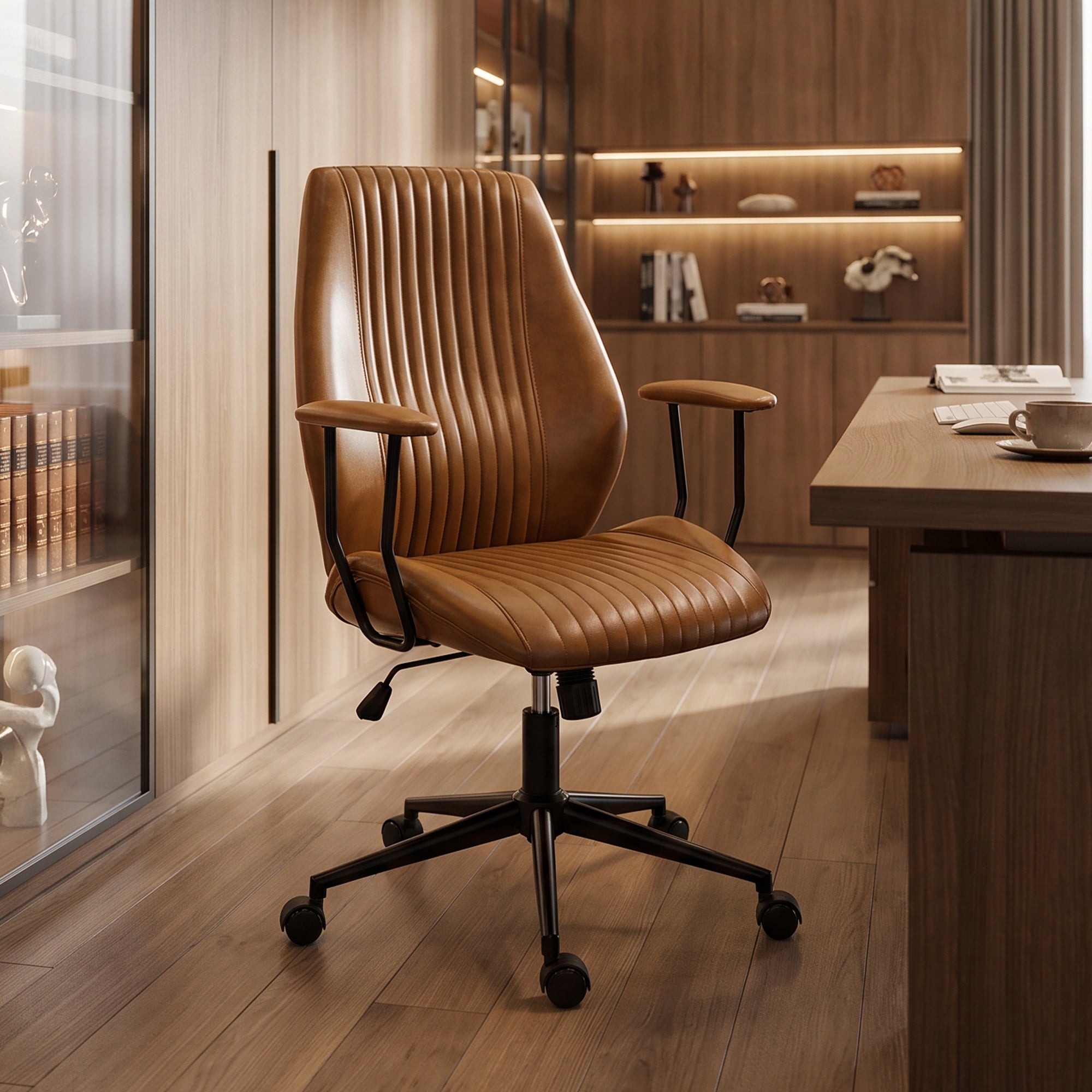 Home Office Desk Chair, PU Leather Computer Chair with Padded Arms, Mid Back, 360° Swivel, Adjustable Height, Tilt Function, Rolling Wheels, Vintage Style for Task, Study, Work, Brown