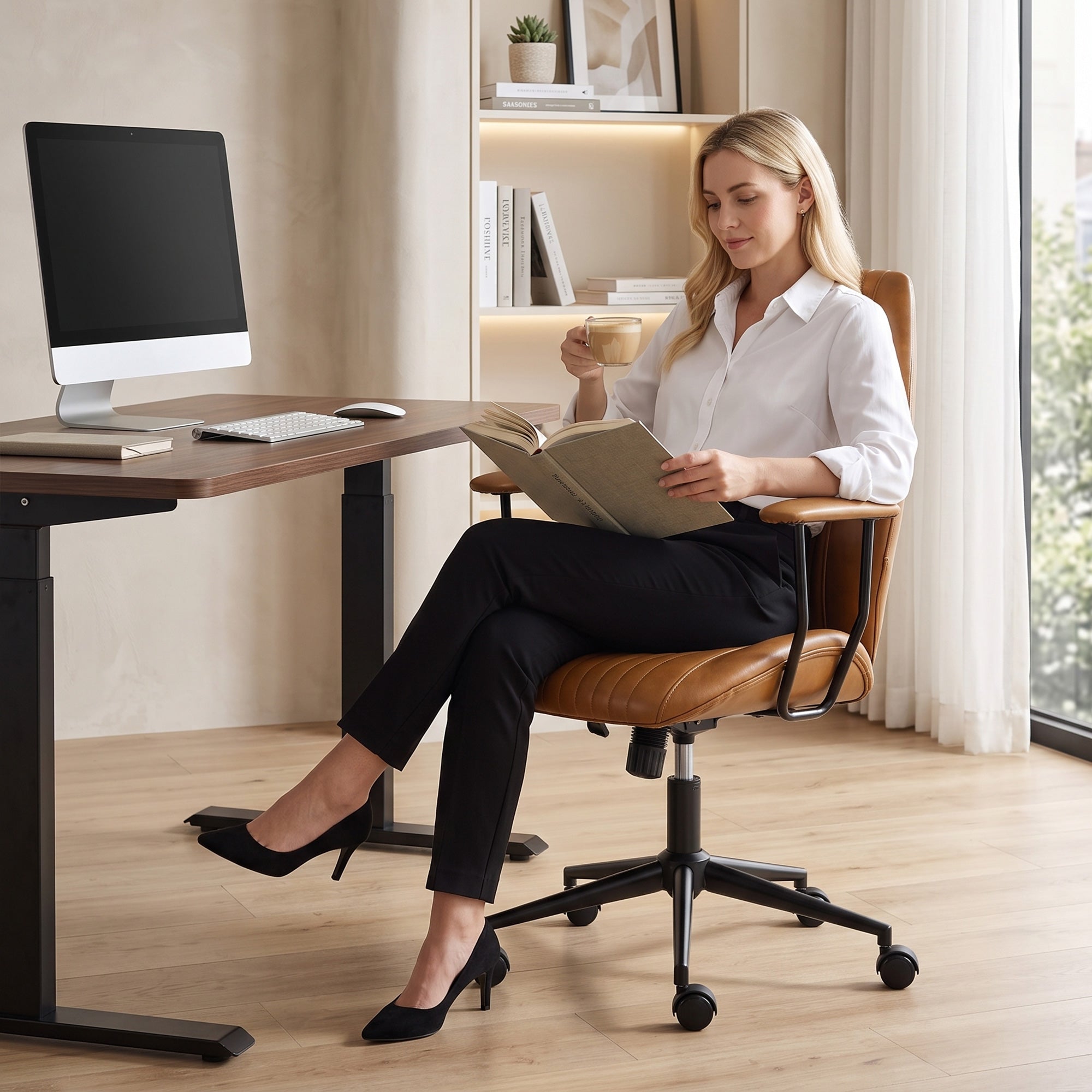 Home Office Desk Chair, PU Leather Computer Chair with Padded Arms, Mid Back, 360° Swivel, Adjustable Height, Tilt Function, Rolling Wheels, Vintage Style for Task, Study, Work, Brown