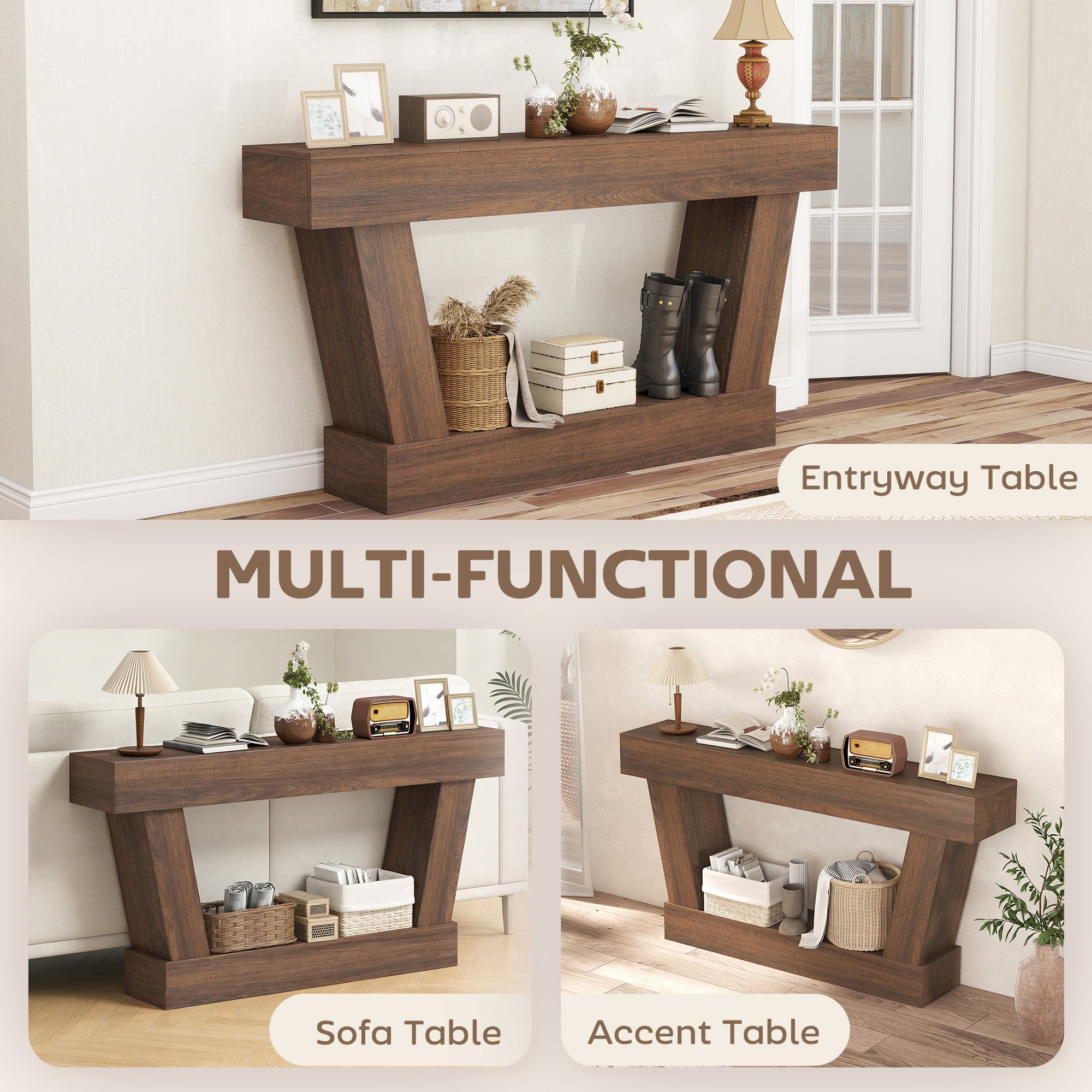 63 Inch Vintage Entryway Table, Narrow Console Tables For Entryway, Sofa Table Behind Couch with Open Shelf, for Living Room, Hallway, Brown