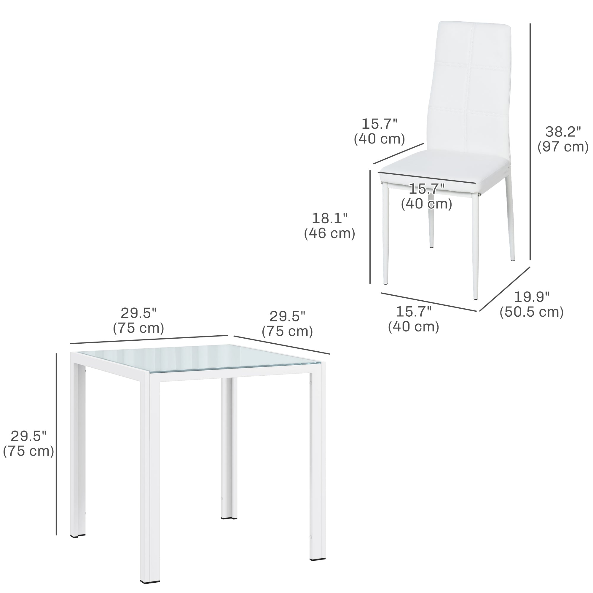 HOMCOM Dining Table Set for 2, 3-Piece Rectangular Glass Kitchen Table and Chairs with Metal Frame and Faux Leather Upholstery for Dining Room, Living Room, White