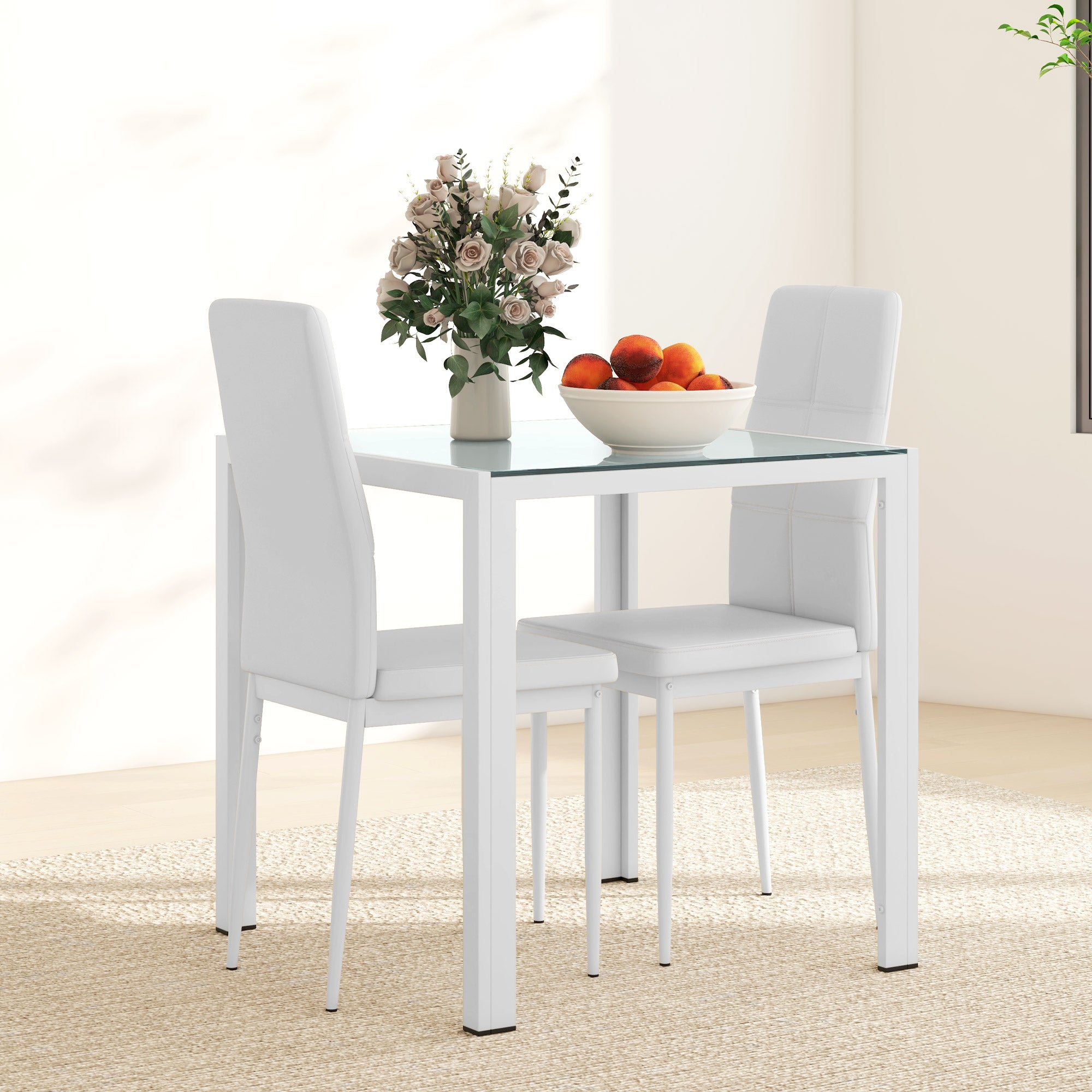 HOMCOM Dining Table Set for 2, 3-Piece Rectangular Glass Kitchen Table and Chairs with Metal Frame and Faux Leather Upholstery for Dining Room, Living Room, White