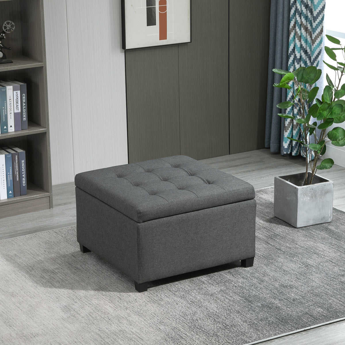 Linen-touch Tufted Storage Ottoman Upholstered Accent Bench Seat Cube Storage Box Footrest Stool, Dark Grey