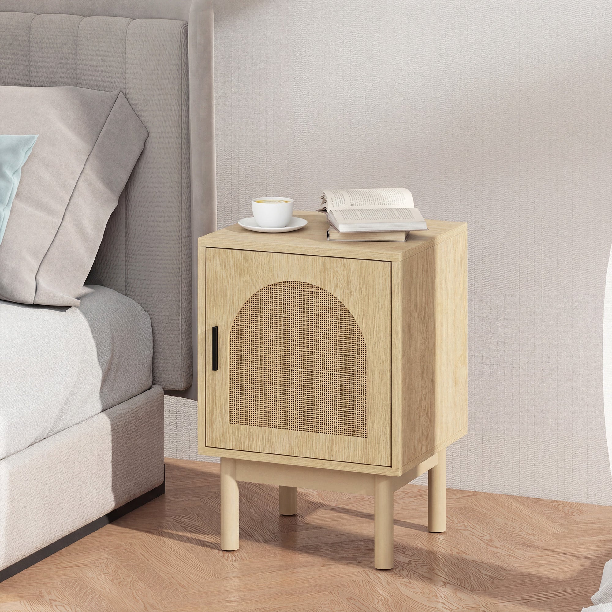 Rattan Bedside Table, Boho Bedside Cabinet with Adjustable Shelf and Solid Wood Legs, Side Table for Living Room, Bedroom, Natural Wood