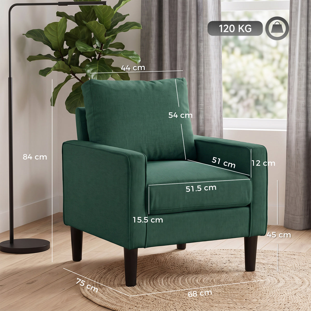Armchair, Removable Pillow Linen Accent Chair, Comfy Spring Cushion Reading Lounge for Living Room, Bedroom, Study, Dark Green