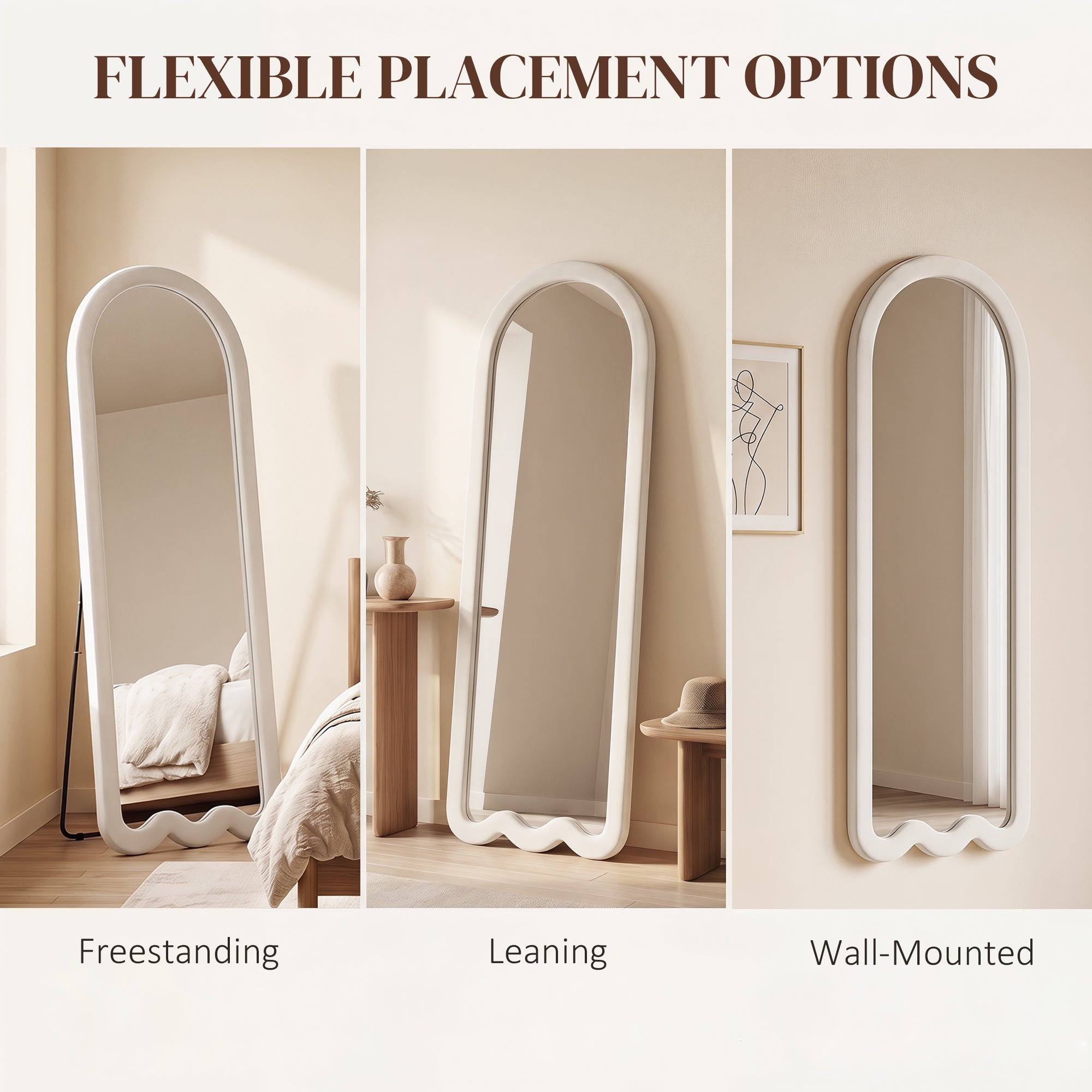 64"x 24" Full Length Mirror, Free Standing, Leaning or Wall Mounted Full Body Mirror, Soft Padded Frame and Arched Wavy Design for Bedroom, Living Room, White