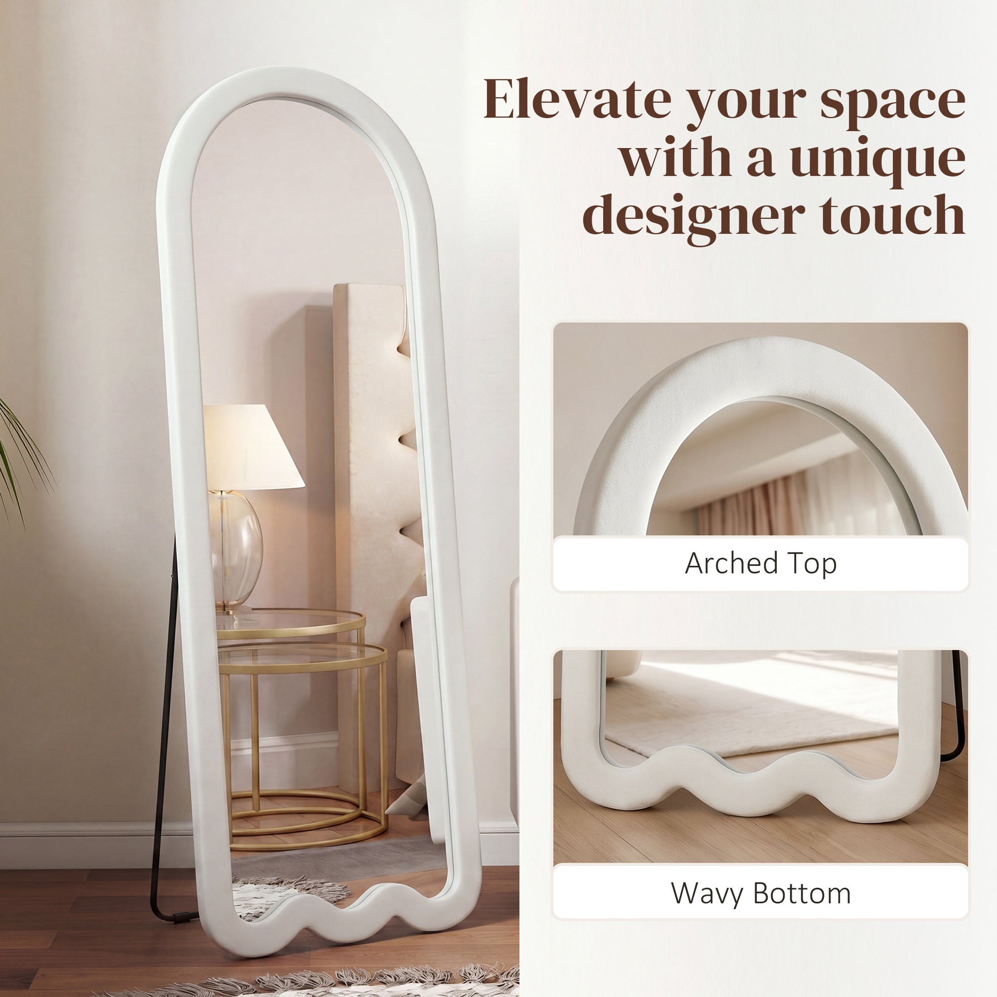 64"x 24" Full Length Mirror, Free Standing, Leaning or Wall Mounted Full Body Mirror, Soft Padded Frame and Arched Wavy Design for Bedroom, Living Room, White