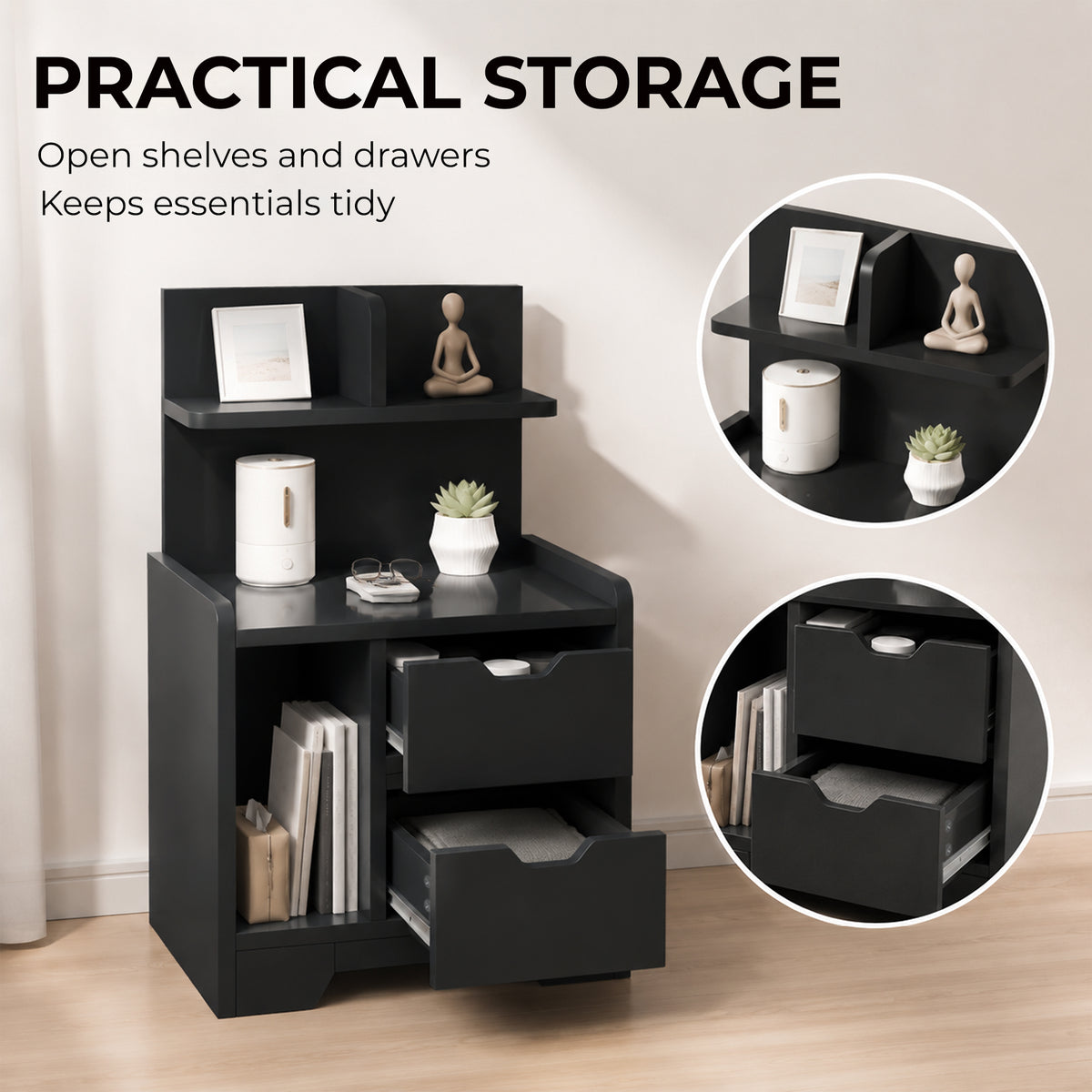Bedside Table, Small Bedside Cabinet with 2 Drawers and Storage Shelves, Modern Nightstand for Bedroom, Black Wood Effect