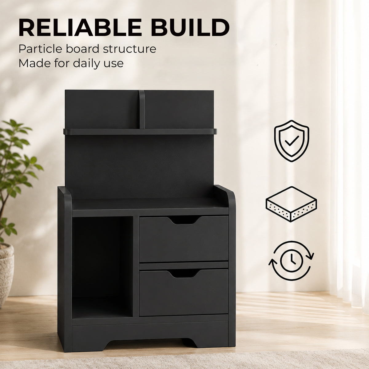 Bedside Table, Small Bedside Cabinet with 2 Drawers and Storage Shelves, Modern Nightstand for Bedroom, Black Wood Effect