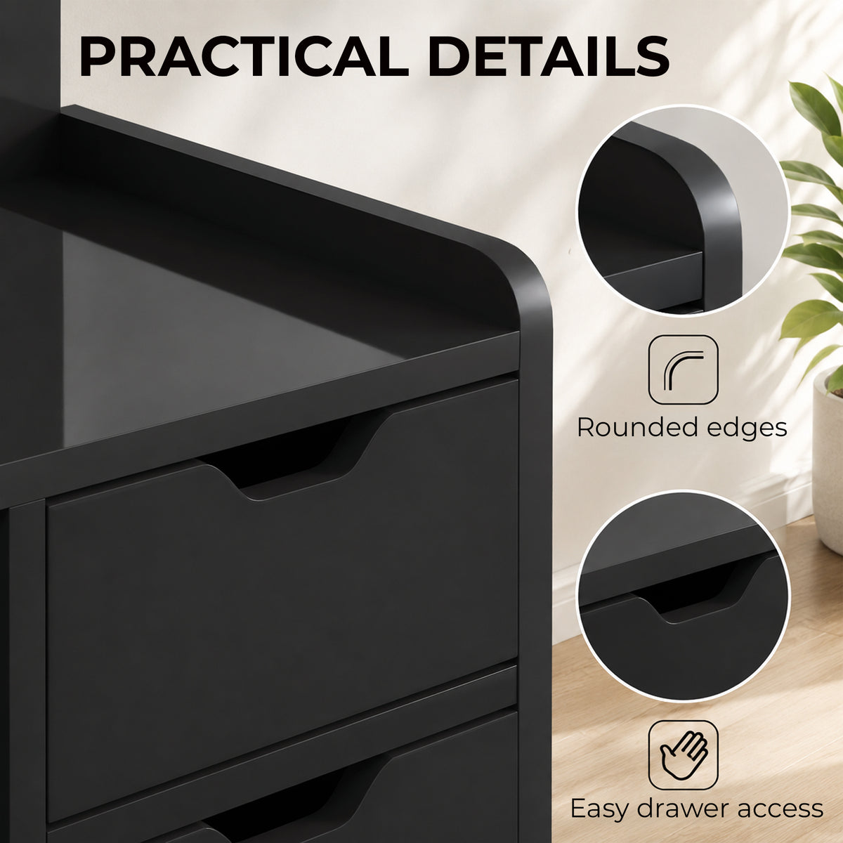Bedside Table, Small Bedside Cabinet with 2 Drawers and Storage Shelves, Modern Nightstand for Bedroom, Black Wood Effect