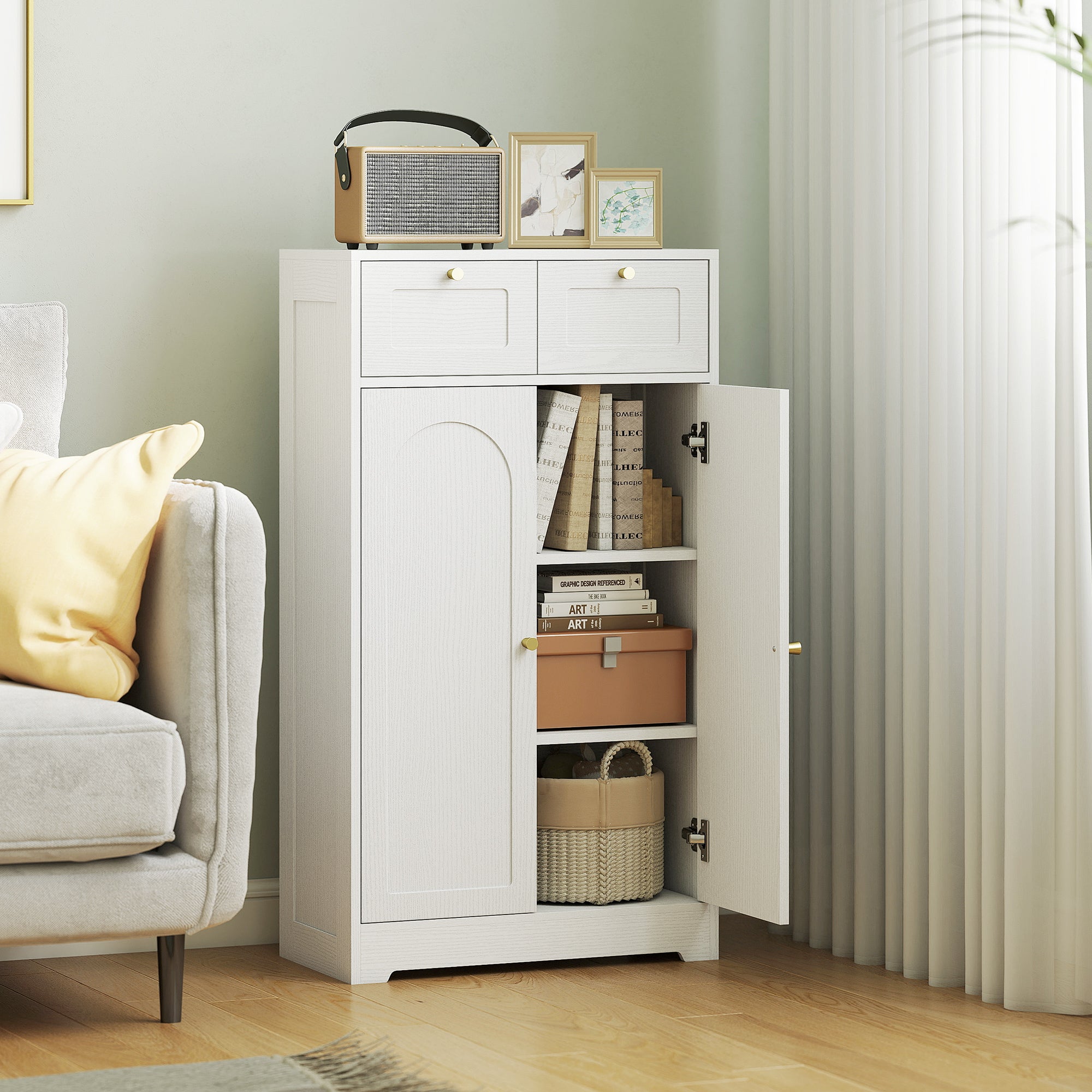 Bathroom Floor Cabinet with 2 Drawers, Freestanding Bathroom Storage Unit with Adjustable Shelf and Arched Doors, White