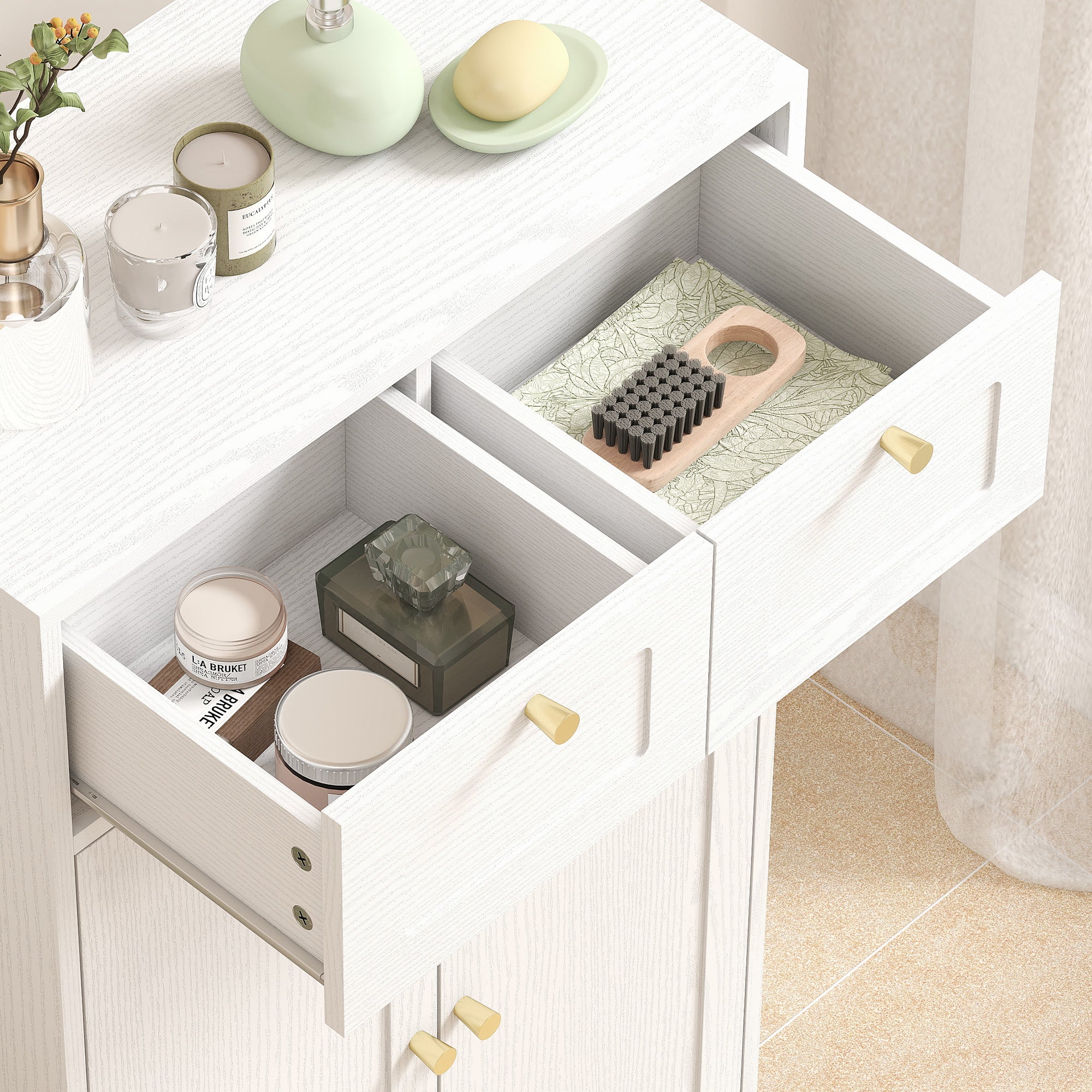 Bathroom Floor Cabinet with 2 Drawers, Freestanding Bathroom Storage Unit with Adjustable Shelf and Arched Doors, White