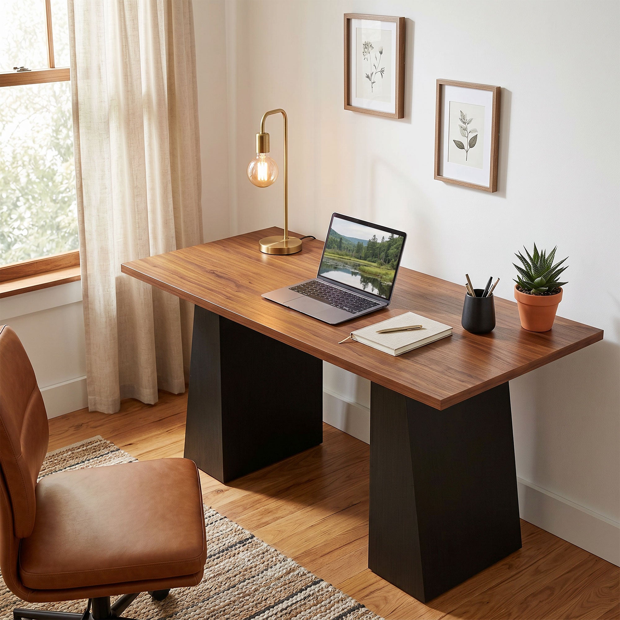 63 Inch Computer Desk, Modern Industrial Writing Desk with Trapezoidal Frame, Easy Assembly Desk Workstation for Home Office, Living Room, Light Walnut and Black