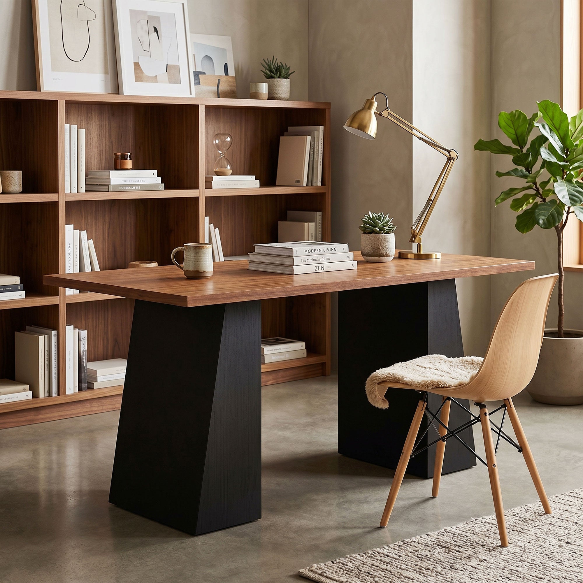 63 Inch Computer Desk, Modern Industrial Writing Desk with Trapezoidal Frame, Easy Assembly Desk Workstation for Home Office, Living Room, Light Walnut and Black