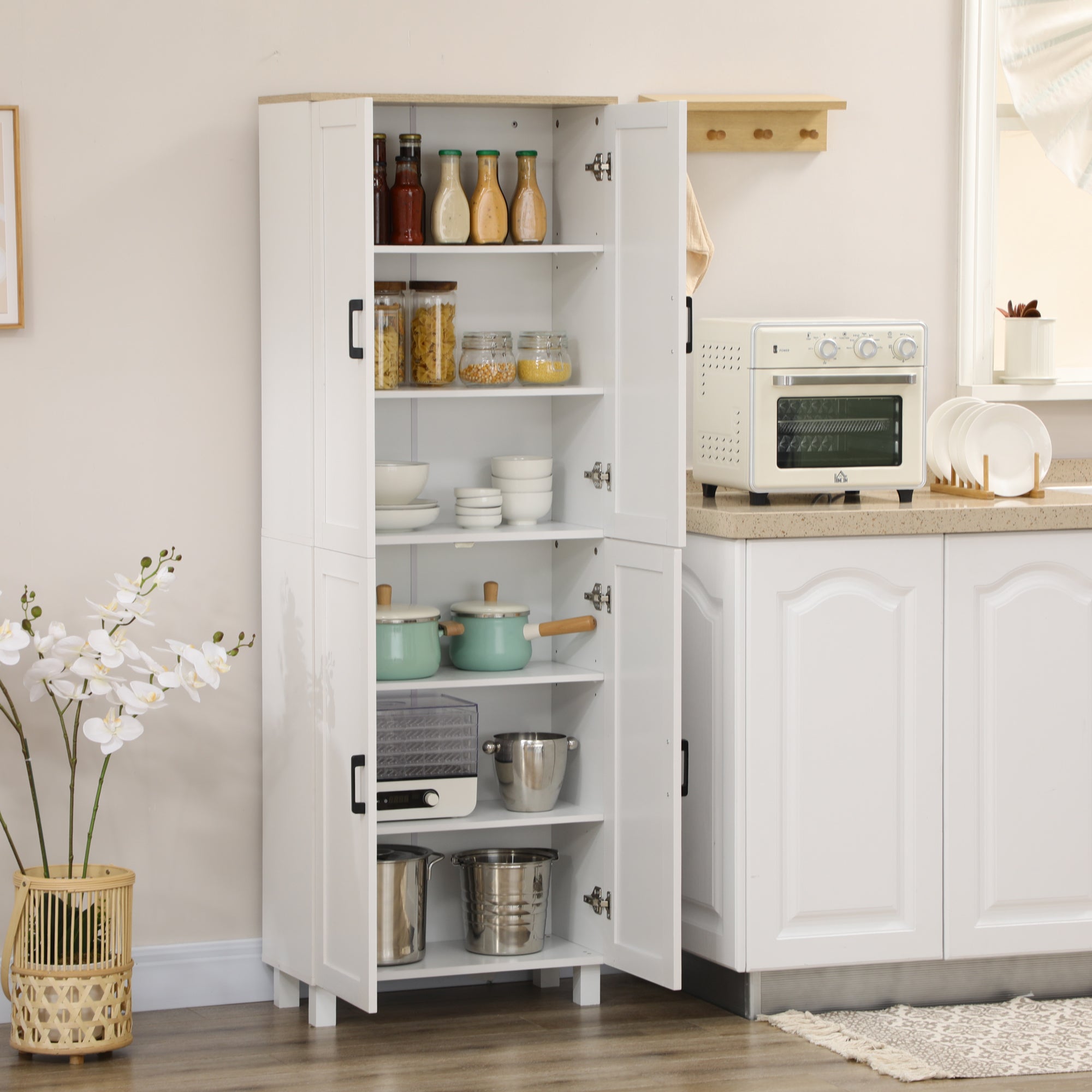 Freestanding Kitchen Cupboard, 4-Door Storage Cabinet with Adjustable Shelves, Modern Kitchen Pantry for Dining Room, 170cm, White Embossed Wood Grain