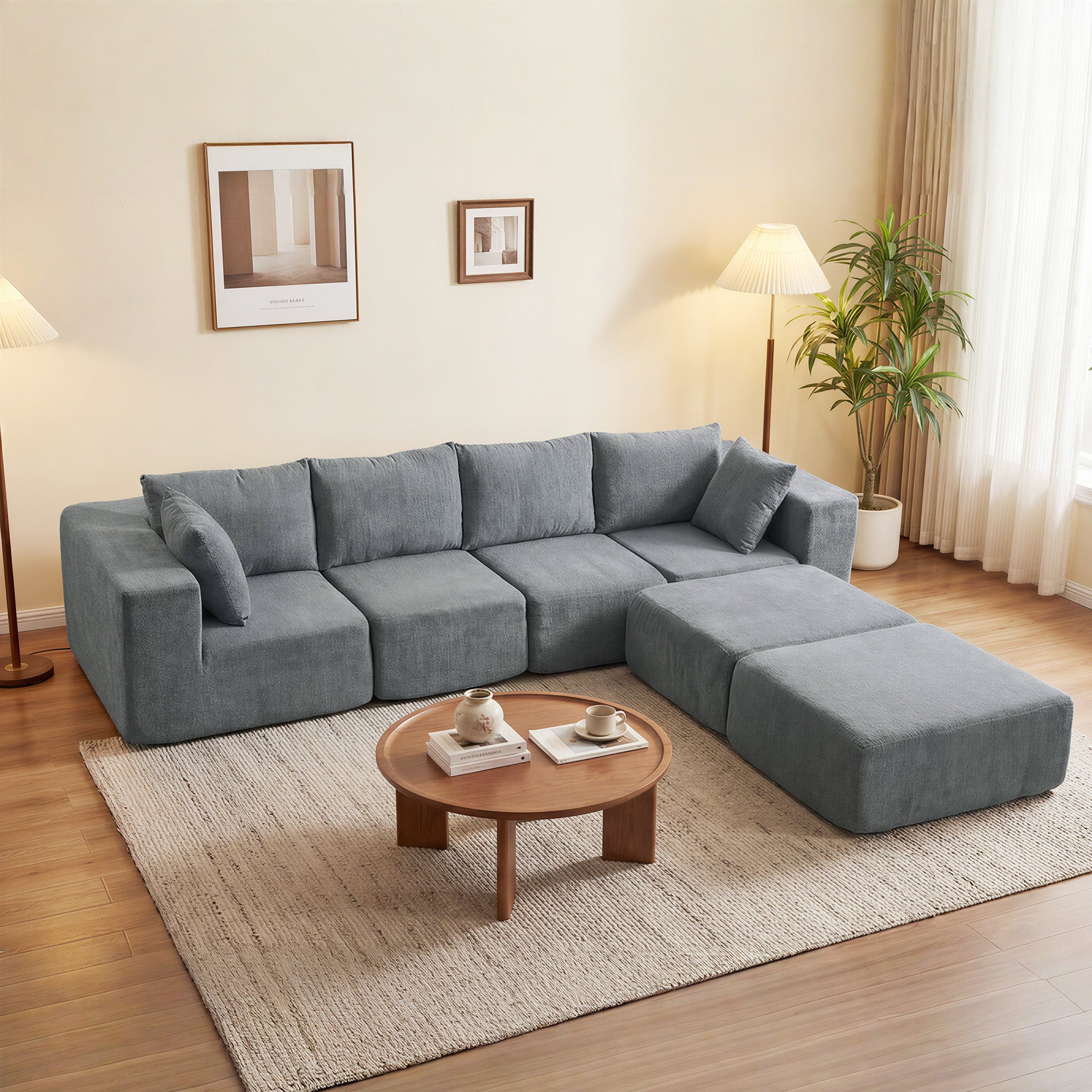 116" Modular Sectional Sofa, Boneless Sectional Couch with Wide and Deep Seat, 4 Seat U-Shape Sofa Couch with 2 Ottomans for Living Room Apartments Bedroom, No Assembly Required, Dark Gray